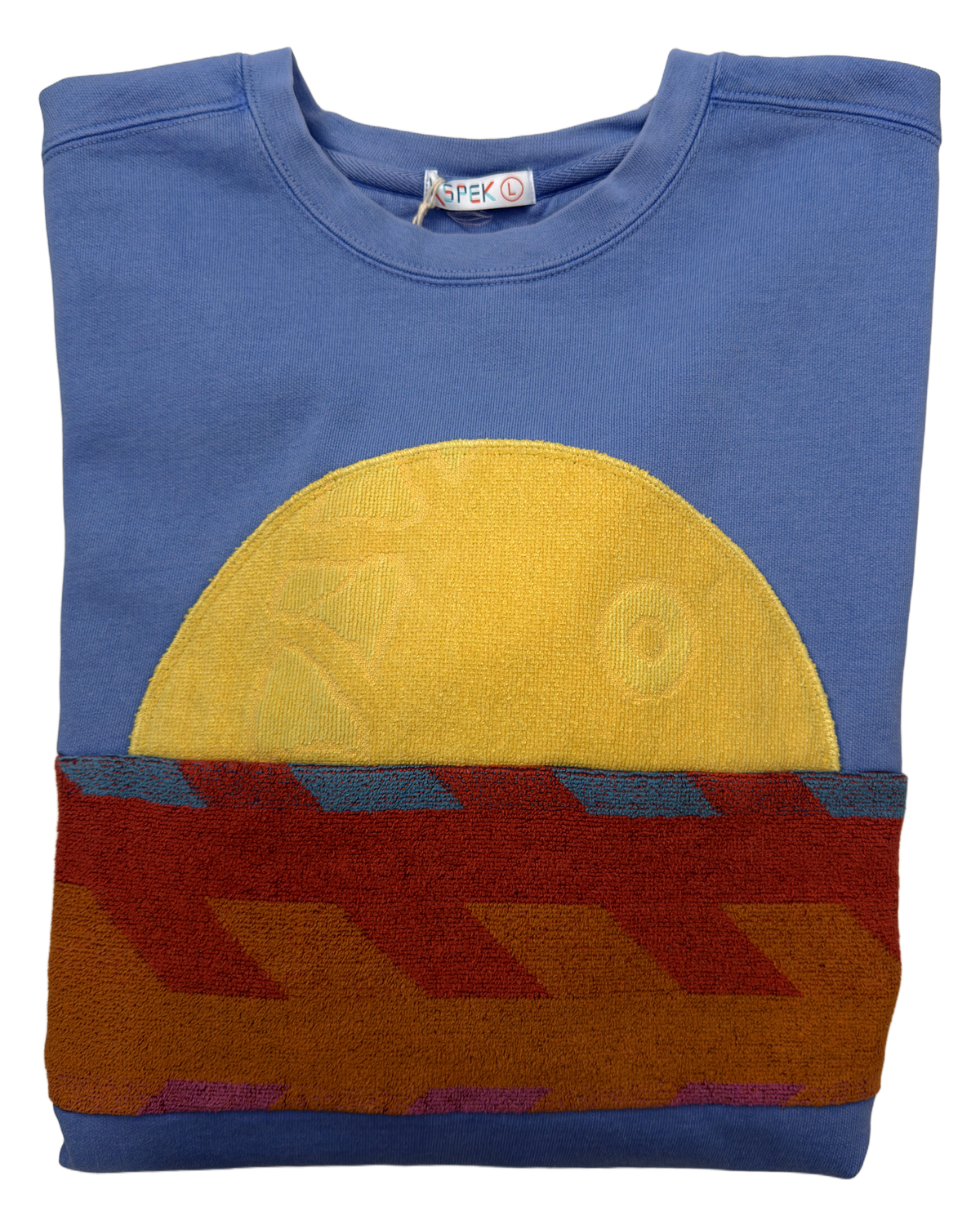 Large Dusty Blue Sunset Chaser "Zigzag Solstice" — one-of-a-kind upcycled vintage beach towel sweatshirt, handmade by Kspek