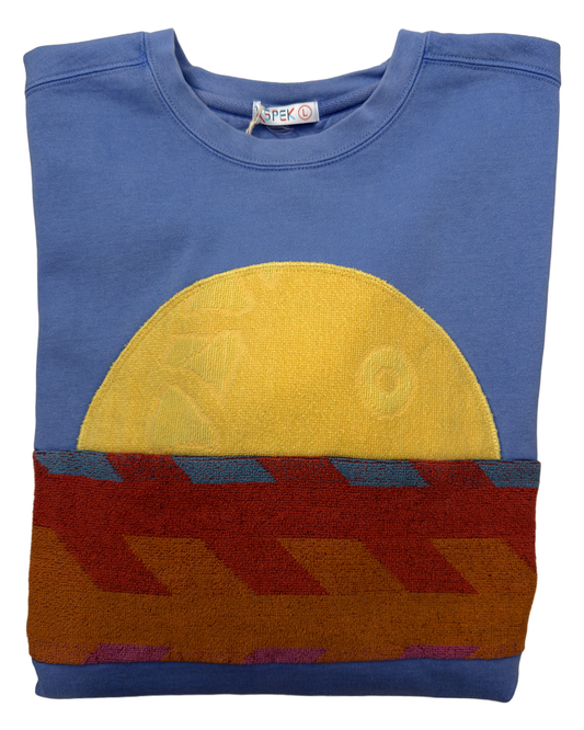 Large Dusty Blue Sunset Chaser "Zigzag Solstice" — one-of-a-kind upcycled vintage beach towel sweatshirt, handmade by Kspek