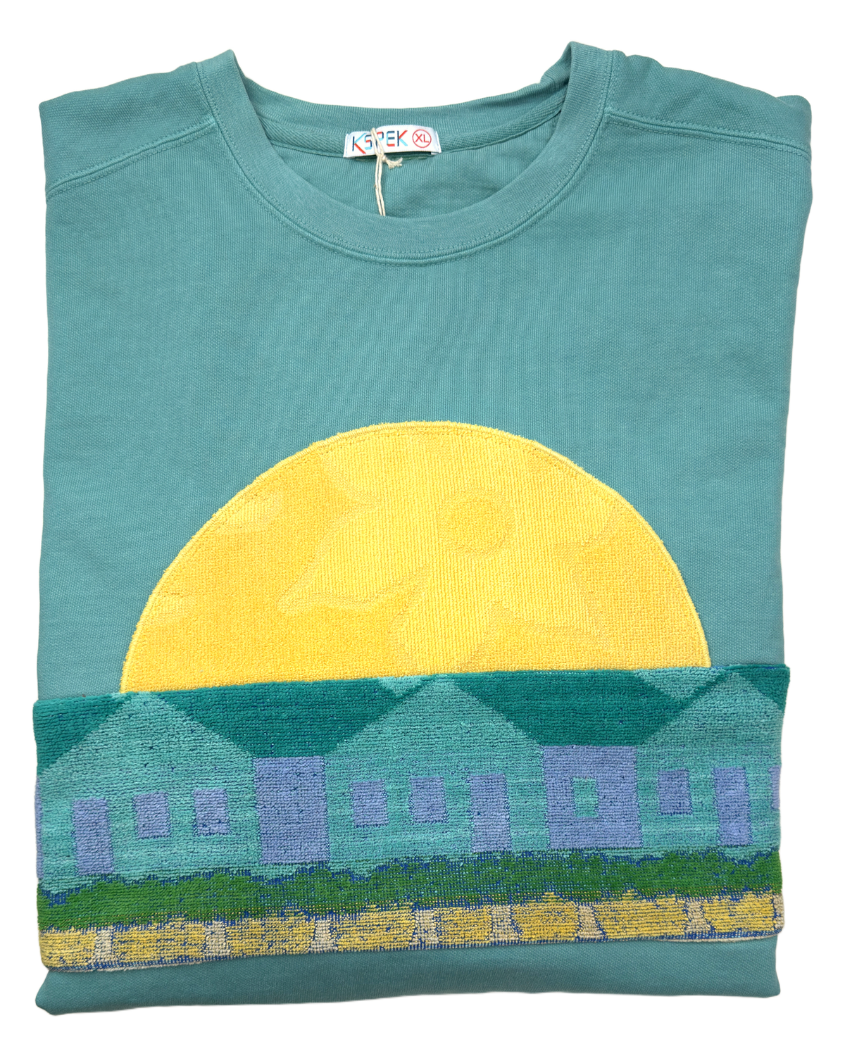 X-Large Light Jade Sunset Chaser "Village Sundown" — one-of-a-kind upcycled vintage beach towel sweatshirt, handmade by Kspek
