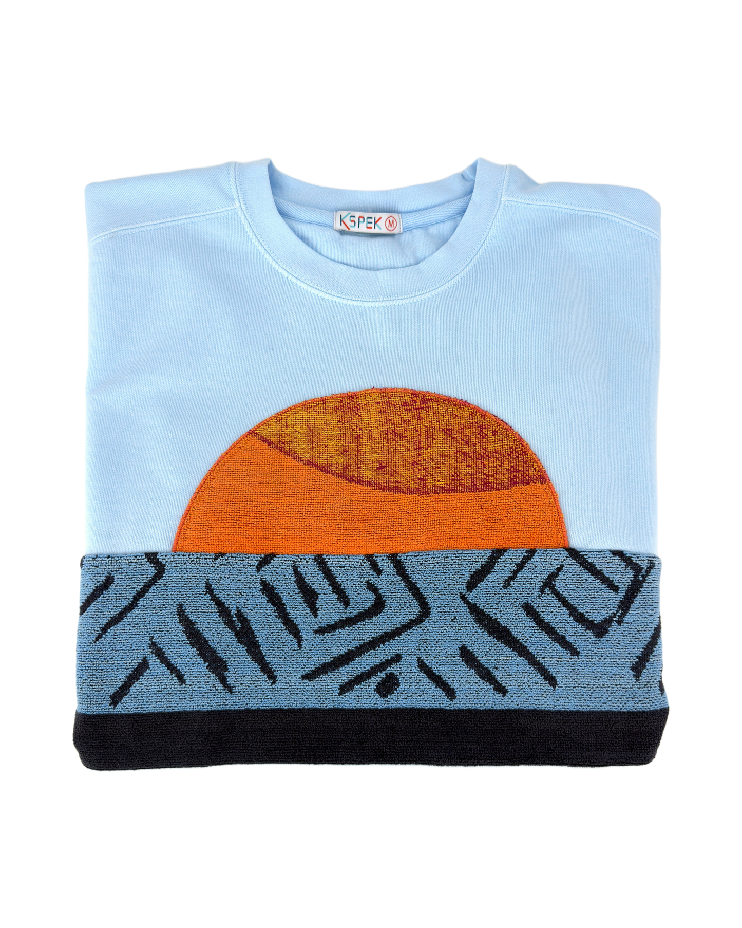 Medium Aqua Sunset Chaser "Ocean Horizon Escape" — one-of-a-kind upcycled vintage beach towel sweatshirt, handmade by Kspek