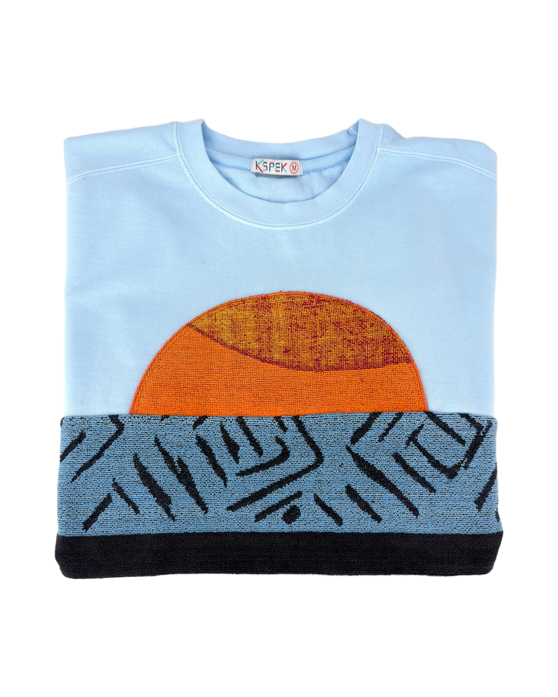Medium Aqua Sunset Chaser "Ocean Horizon Escape" — one-of-a-kind upcycled vintage beach towel sweatshirt, handmade by Kspek