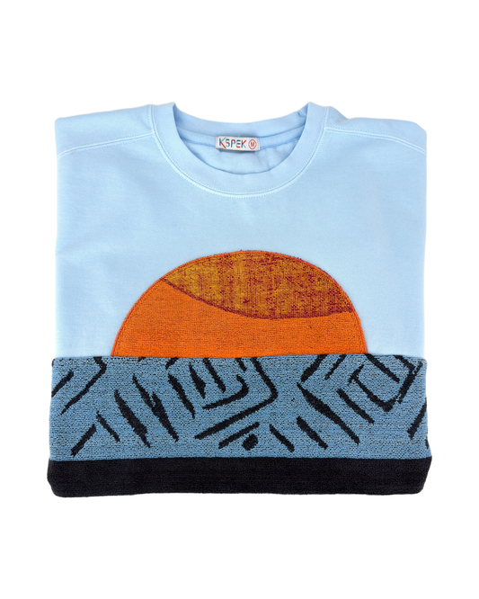 Medium Aqua Sunset Chaser "Ocean Horizon Escape" — one-of-a-kind upcycled vintage beach towel sweatshirt, handmade by Kspek