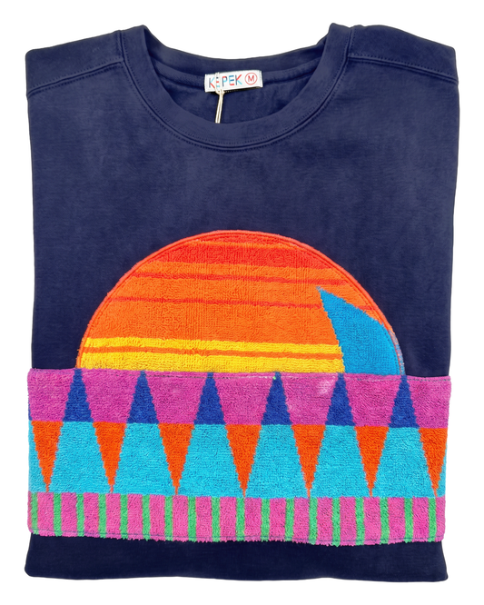 Medium Navy Sunset Chaser "Triangle Sundrop" — one-of-a-kind upcycled vintage beach towel sweatshirt, handmade by Kspek