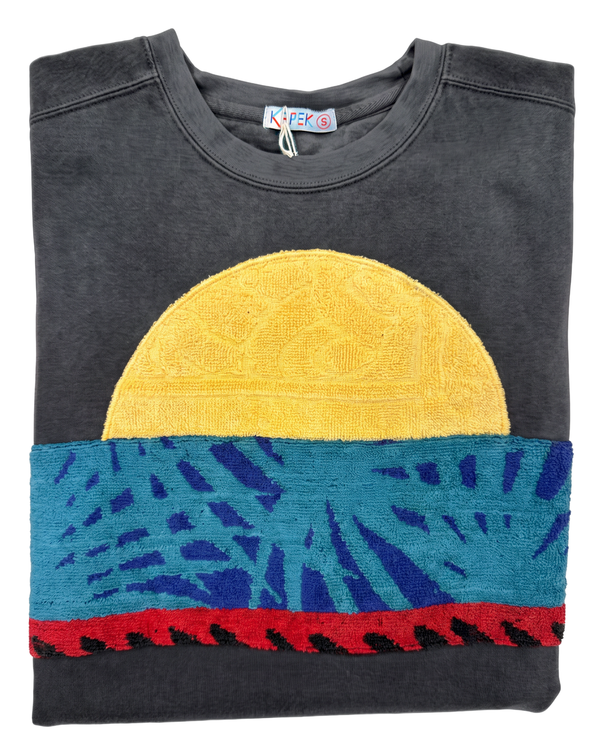 Small Pepper Sunset Chaser "Teal Palmetto Horizon" — one-of-a-kind upcycled vintage beach towel sweatshirt, handmade by Kspek