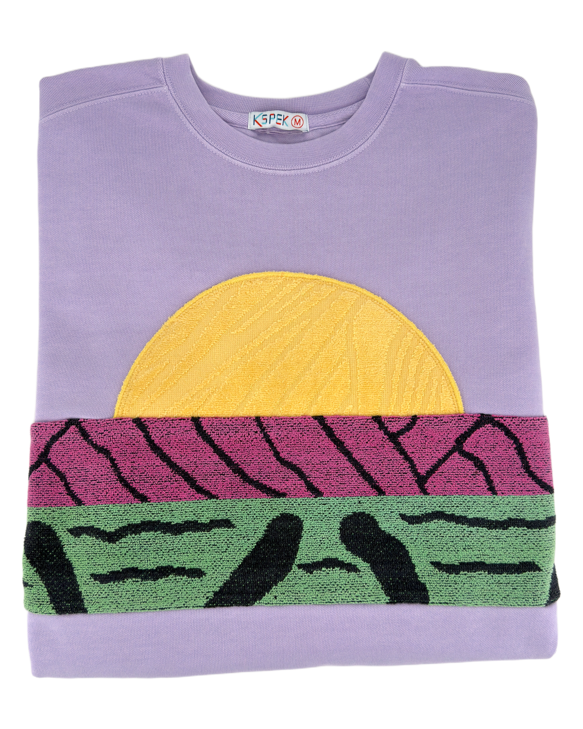 Medium Lavender Sunset Chaser "Savanna Sunrise" — one-of-a-kind upcycled vintage beach towel sweatshirt, handmade by Kspek