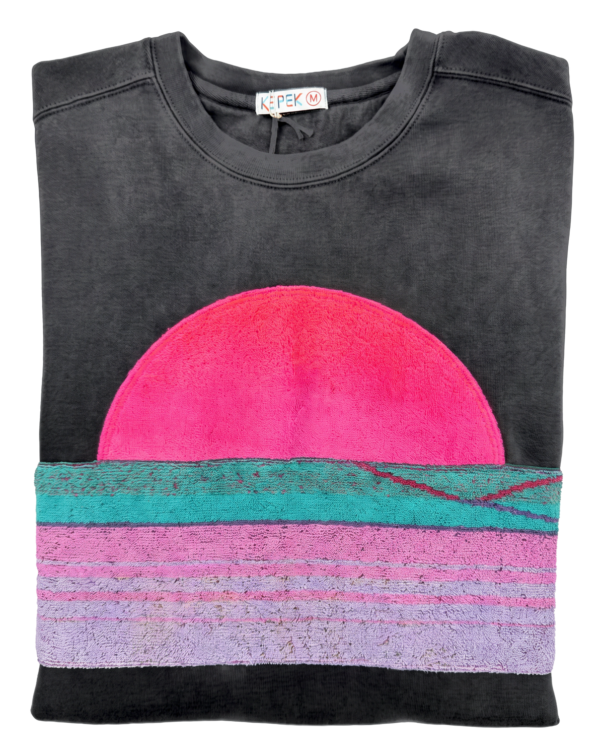 Medium Pepper Sunset Chaser "Neon Tranquil Bay" — one-of-a-kind upcycled vintage beach towel sweatshirt, handmade by Kspek