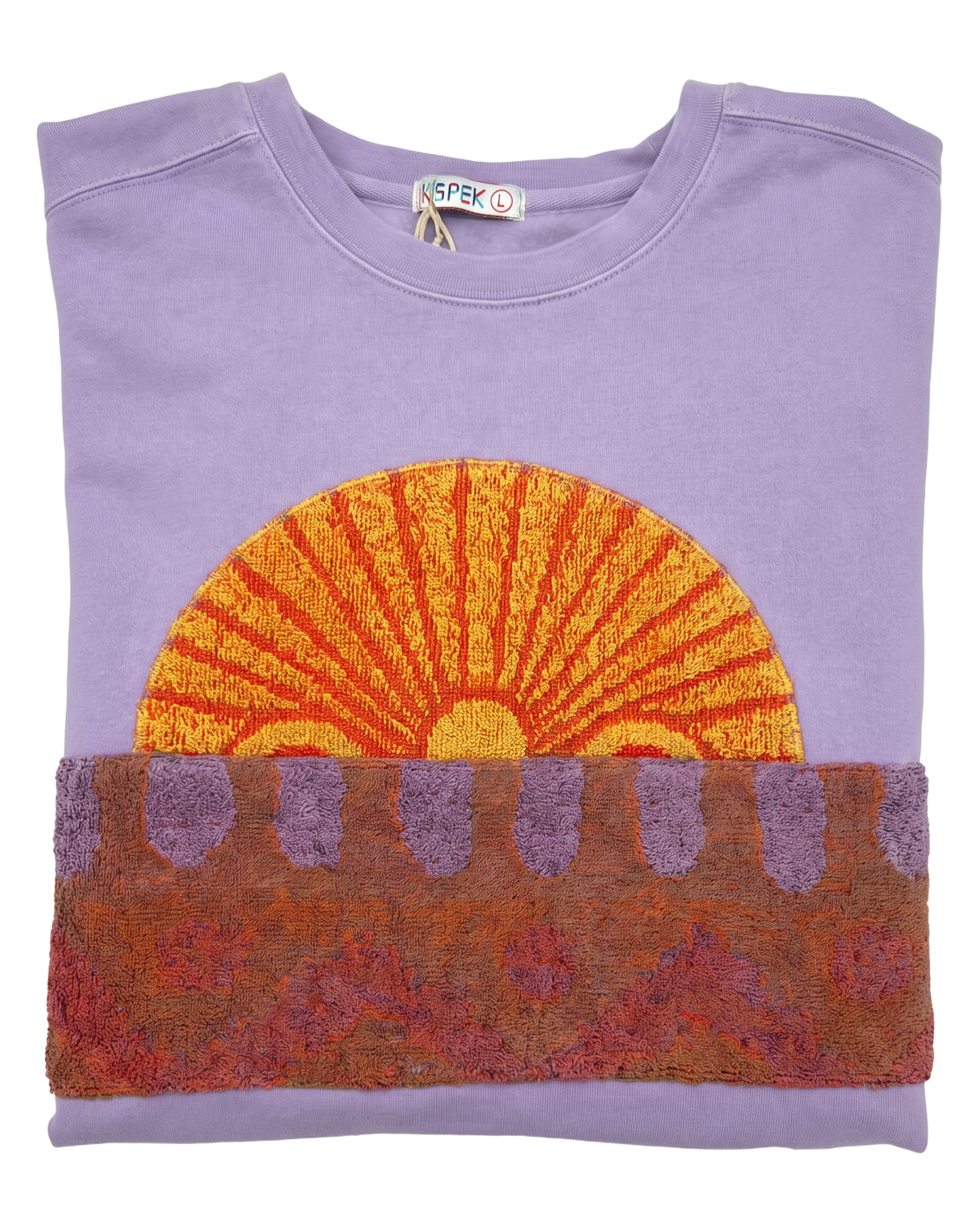 Large Lavender Sunset Chaser "Radiant Horizon" — one-of-a-kind upcycled vintage beach towel sweatshirt, handmade by Kspek