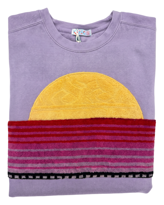 Small Lavender Sunset Chaser "Berry Stripe Eclipse" — one-of-a-kind upcycled vintage beach towel sweatshirt, handmade by Kspek