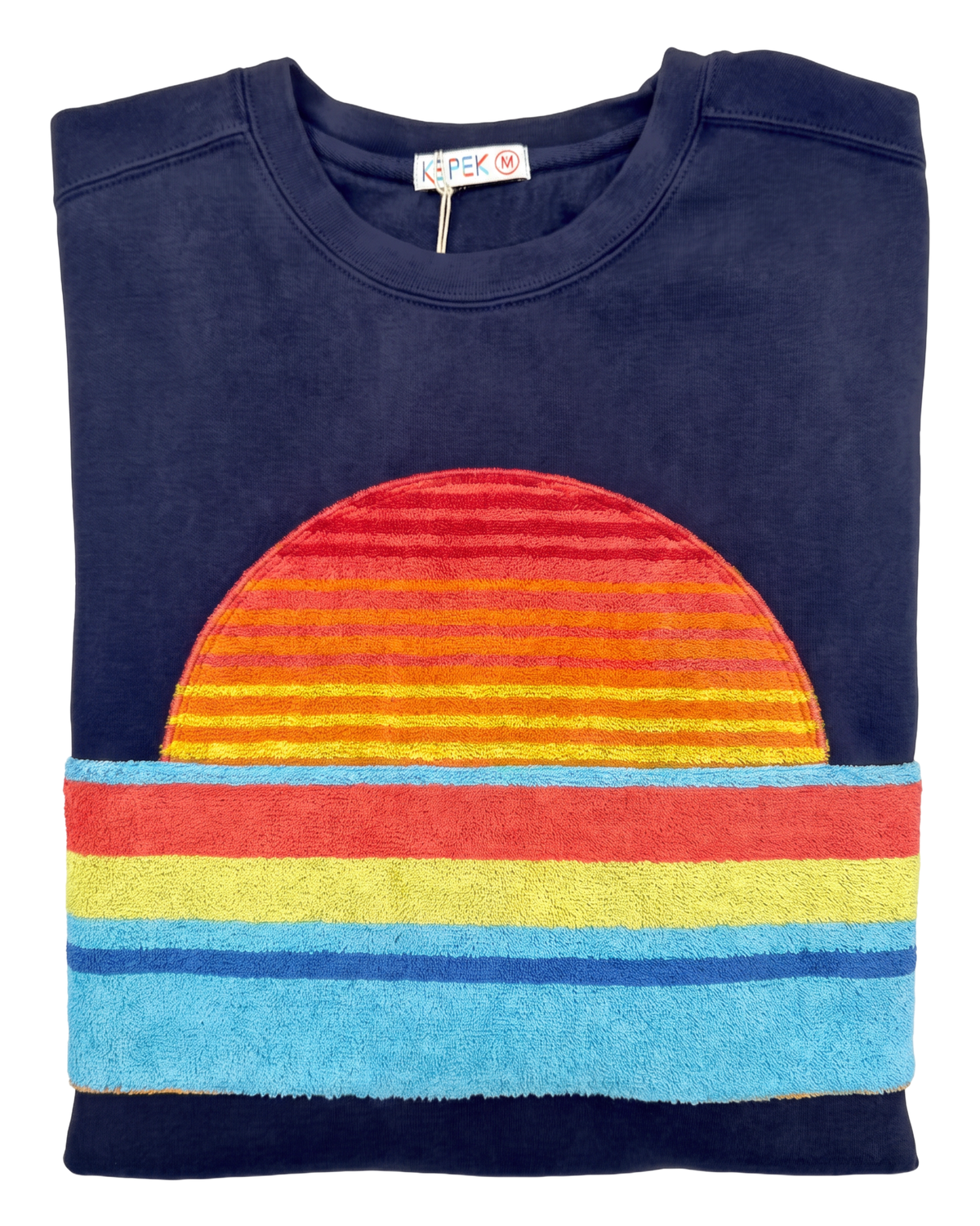 Medium Navy Sunset Chaser "Striped Solar Arc" — one-of-a-kind upcycled vintage beach towel sweatshirt, handmade by Kspek