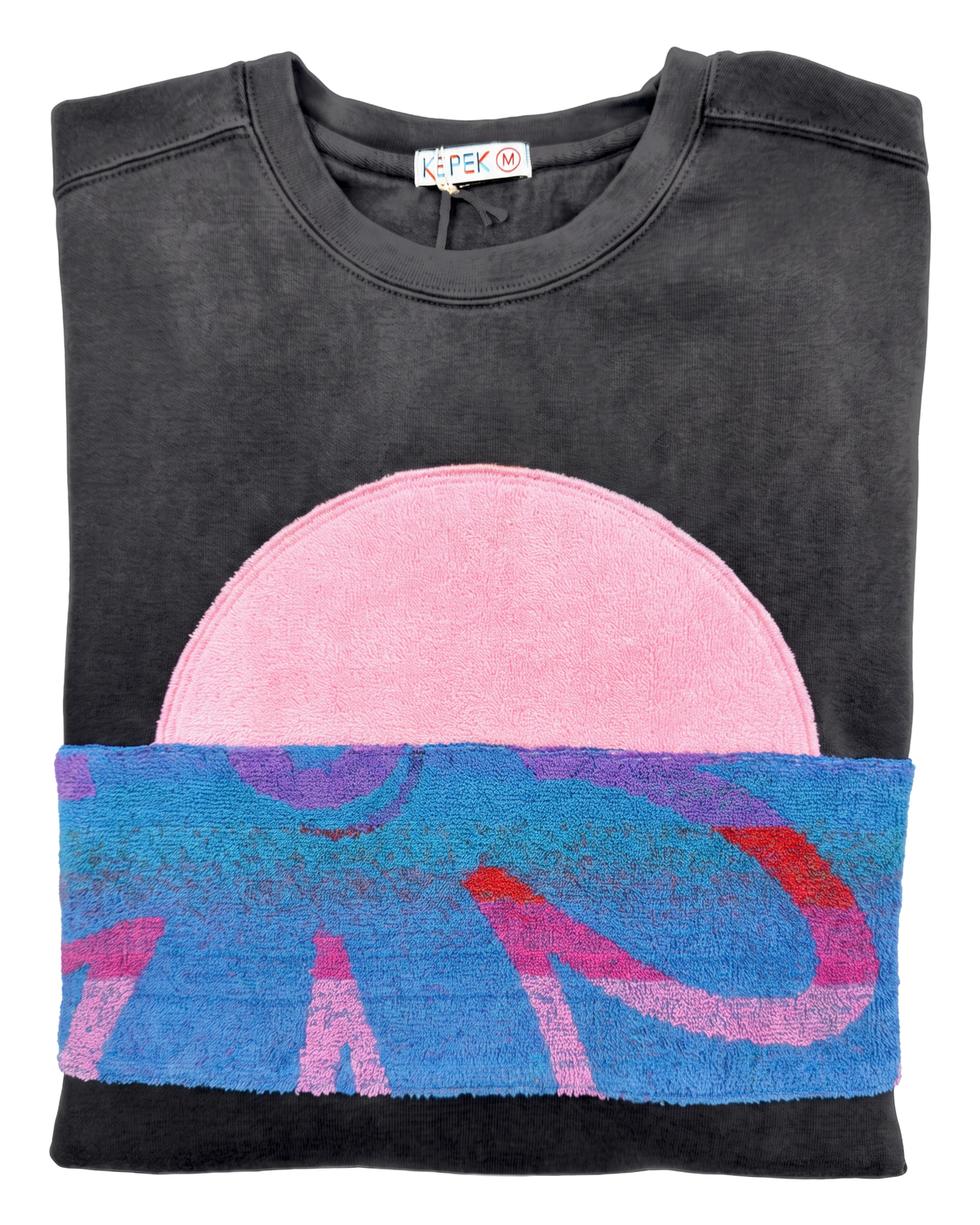 Medium Pepper Sunset Chaser "Pink Solar Arc" — one-of-a-kind upcycled vintage beach towel sweatshirt, handmade by Kspek