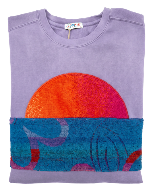 Medium Lavender Sunset Chaser "Crimson Eclipse" — one-of-a-kind upcycled vintage beach towel sweatshirt, handmade by Kspek