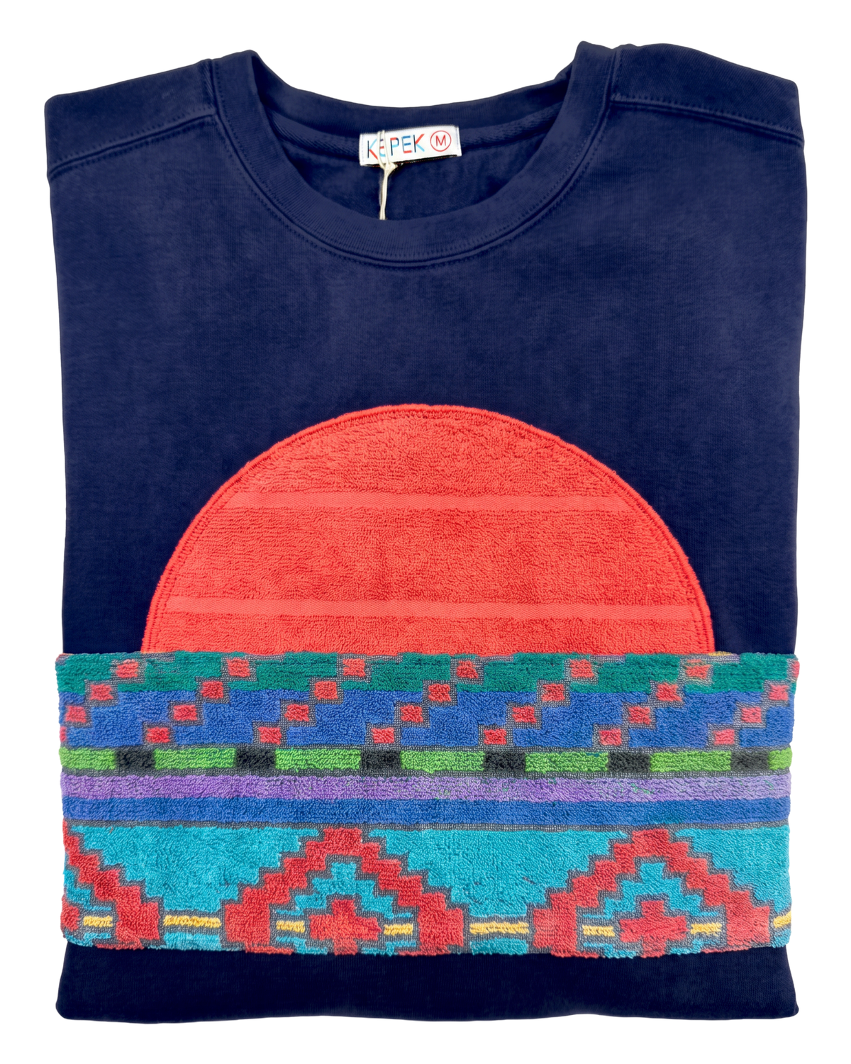 Medium Navy Sunset Chaser "Southwestern Sunrise" — one-of-a-kind upcycled vintage beach towel sweatshirt, handmade by Kspek