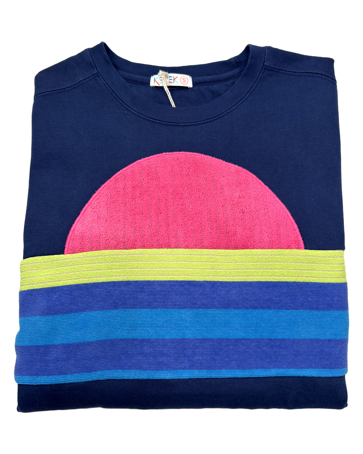 Small Navy Sunset Chaser "Neon Sundome" — one-of-a-kind upcycled vintage beach towel sweatshirt, handmade by Kspek