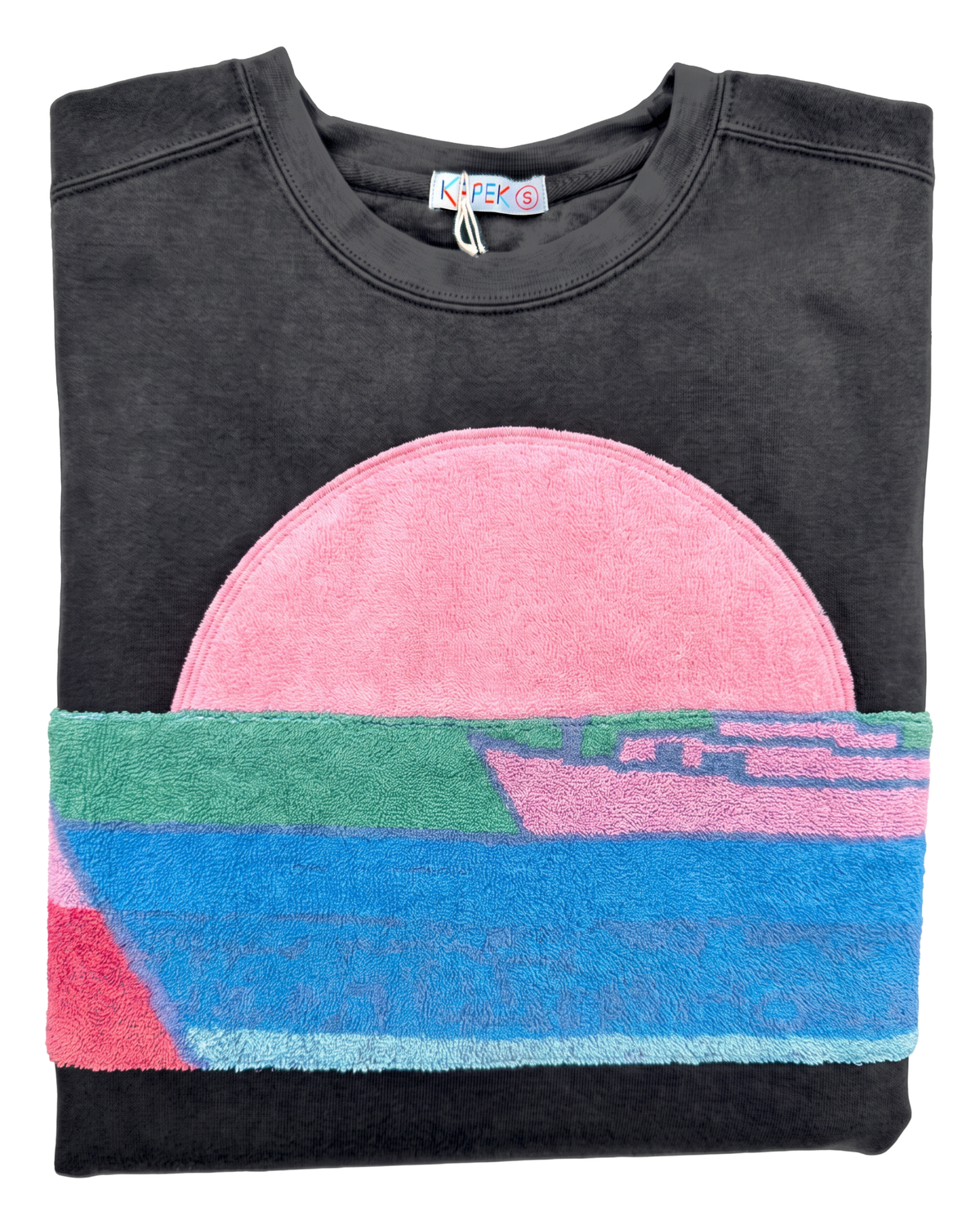 Small Pepper Sunset Chaser "Pink Dawn Curve" — one-of-a-kind upcycled vintage beach towel sweatshirt, handmade by Kspek