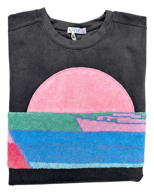 Small Pepper Sunset Chaser "Pink Dawn Curve" — one-of-a-kind upcycled vintage beach towel sweatshirt, handmade by Kspek