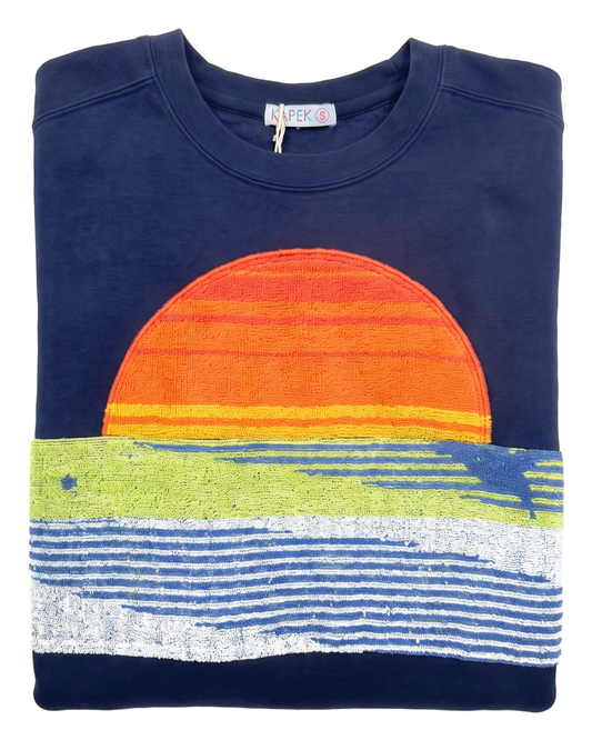 Small Navy Sunset Chaser "Striped Solar Meadow" — one-of-a-kind upcycled vintage beach towel sweatshirt, handmade by Kspek