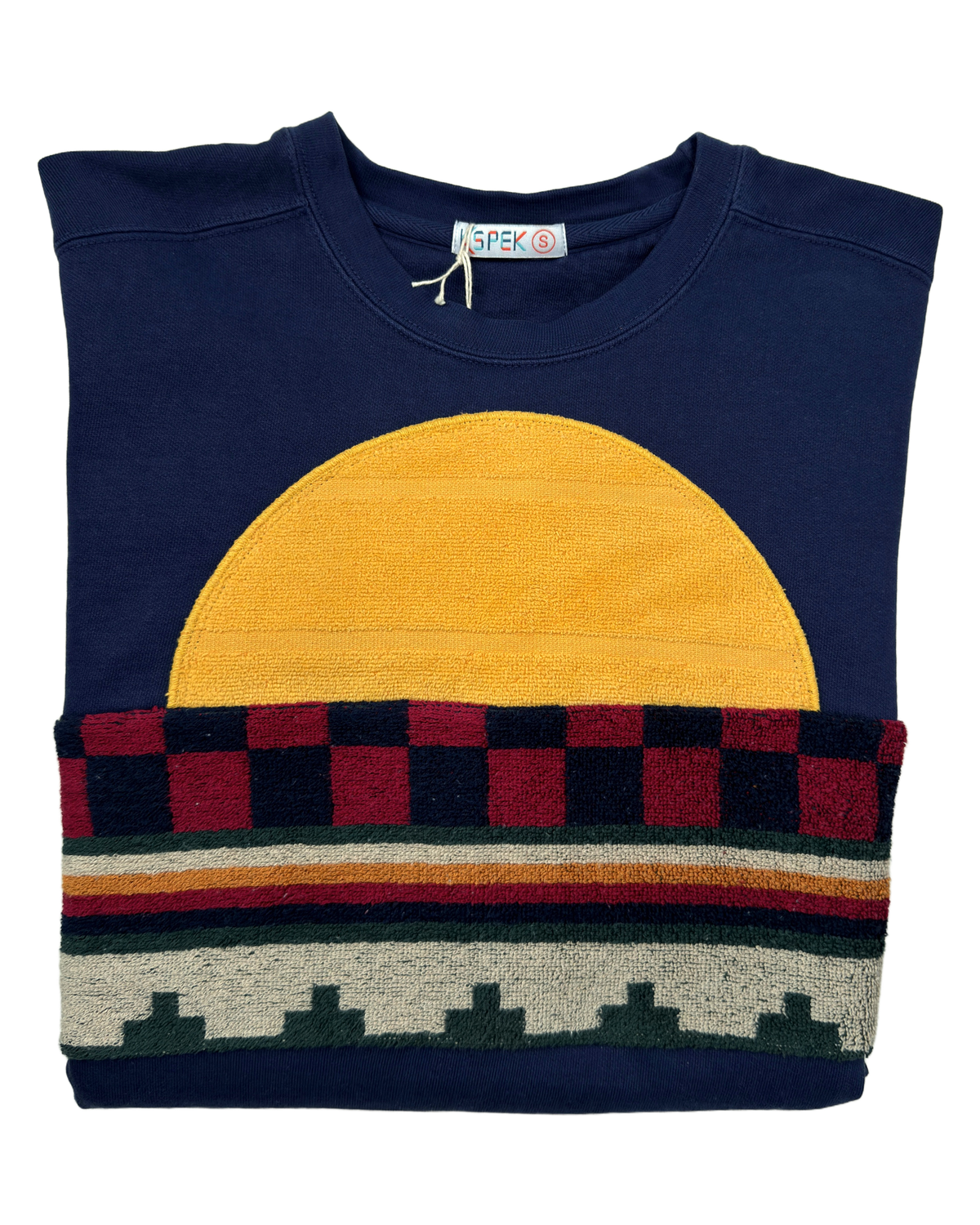 Small Navy Sunset Chaser "Sunset Checkers" — one-of-a-kind upcycled vintage beach towel sweatshirt, handmade by Kspek