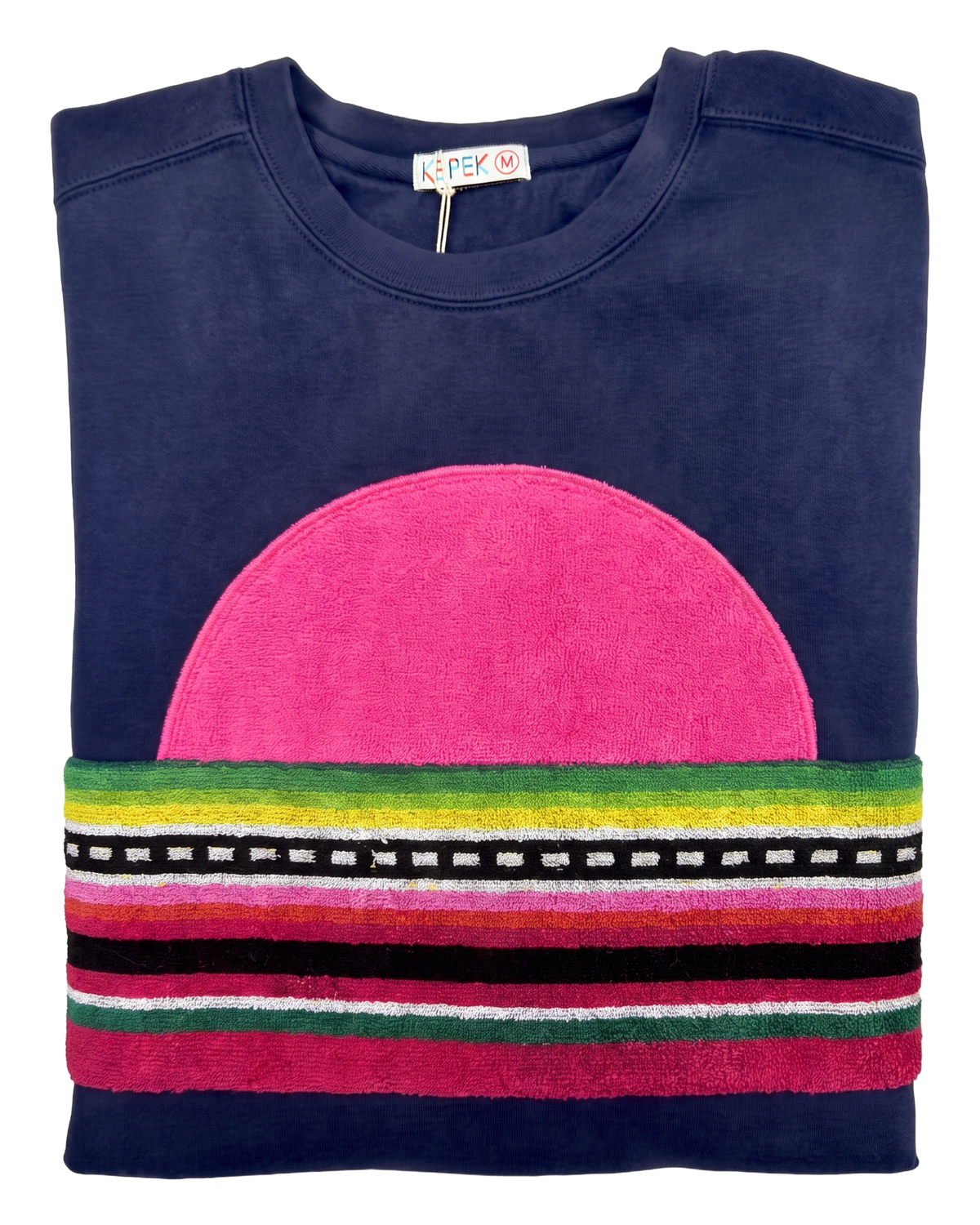 Medium Navy Sunset Chaser "Rainbow Horizon" — one-of-a-kind upcycled vintage beach towel sweatshirt, handmade by Kspek