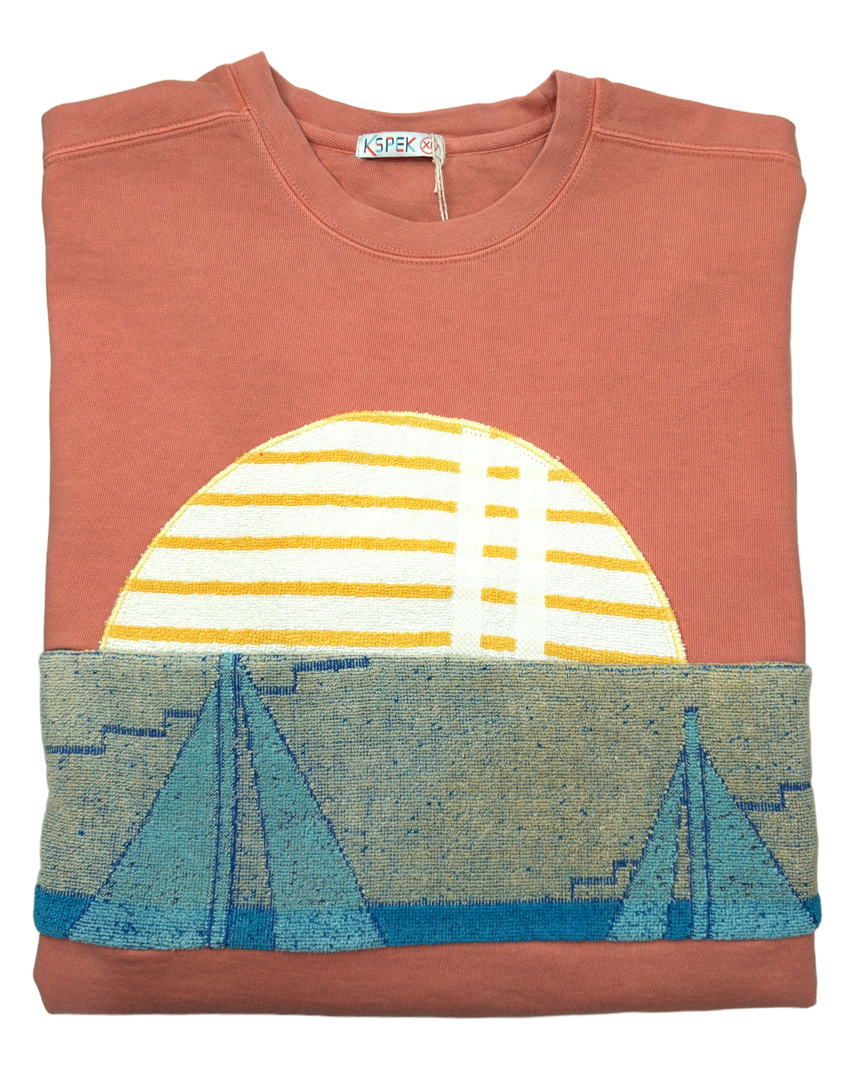Medium Terracotta Sunset Chaser "Sailboat Sunset" — one-of-a-kind upcycled vintage beach towel sweatshirt, handmade by Kspek