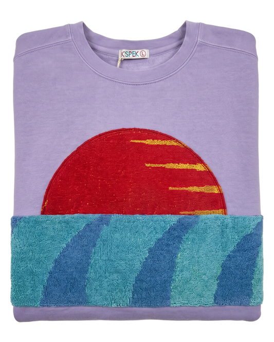 Large Lavender Sunset Chaser "Red Sun Surf" — one-of-a-kind upcycled vintage beach towel sweatshirt, handmade by Kspek