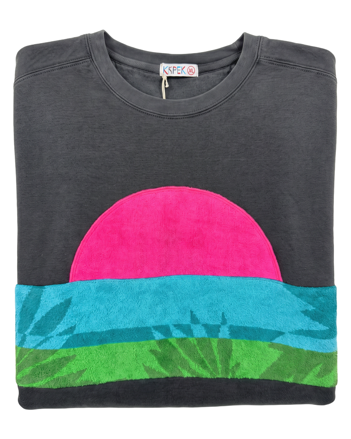 X-Large Pepper Sunset Chaser "Tropical Dawn Layers" — one-of-a-kind upcycled vintage beach towel sweatshirt, handmade by Kspek