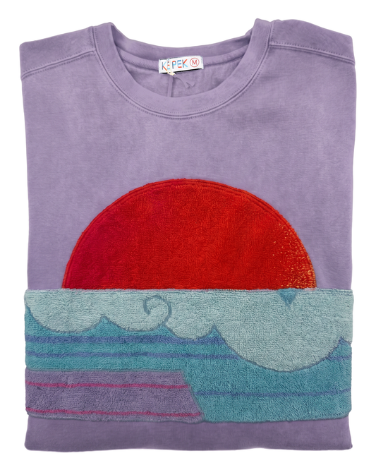 Medium Lavender Sunset Chaser "Crimson Surf Rise" — one-of-a-kind upcycled vintage beach towel sweatshirt, handmade by Kspek