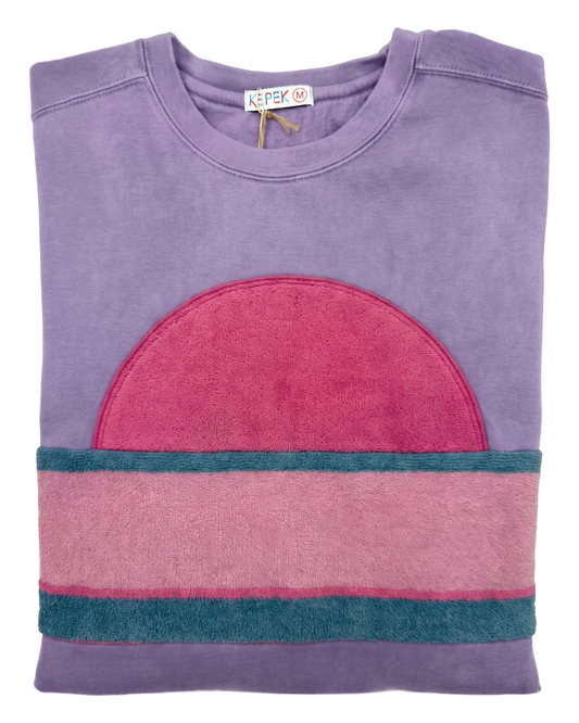 Medium Lavender Sunset Chaser "Berry Dusk Horizon" — one-of-a-kind upcycled vintage beach towel sweatshirt, handmade by Kspek