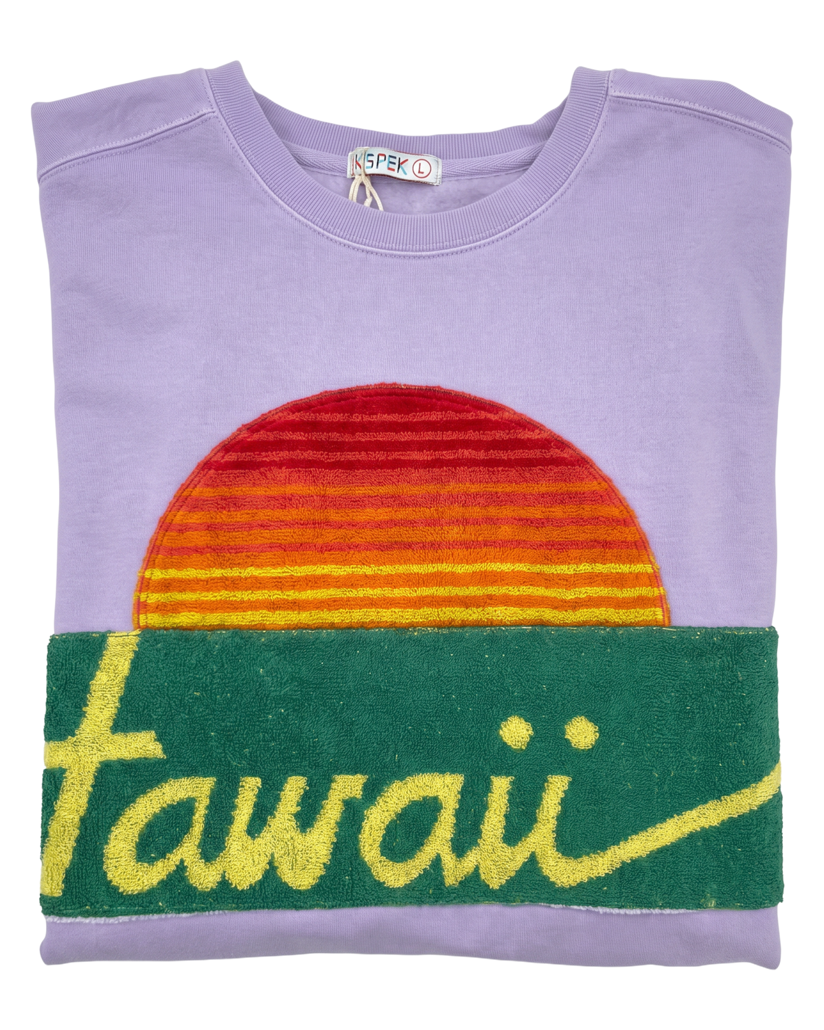 Large Lavender Sunset Chaser "Hawaii Postcard" — one-of-a-kind upcycled vintage beach towel sweatshirt, handmade by Kspek