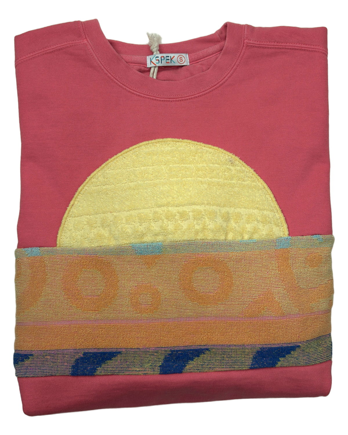 Small Watermelon Sunset Chaser "Orbital Sundial" — one-of-a-kind upcycled vintage beach towel sweatshirt, handmade by Kspek