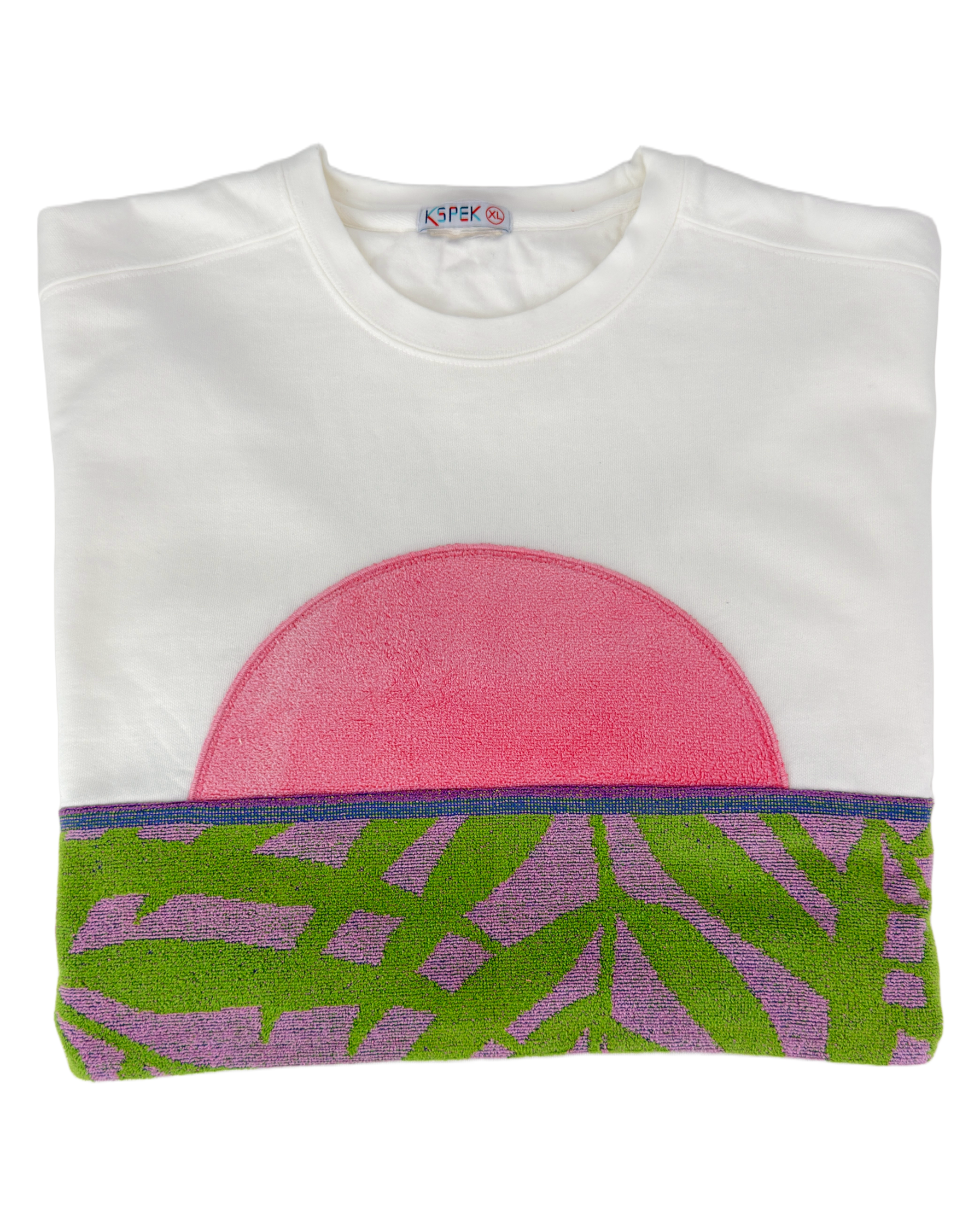 X-Large White Sunset Chaser "Tropical Sunrise" — one-of-a-kind upcycled vintage beach towel sweatshirt, handmade by Kspek