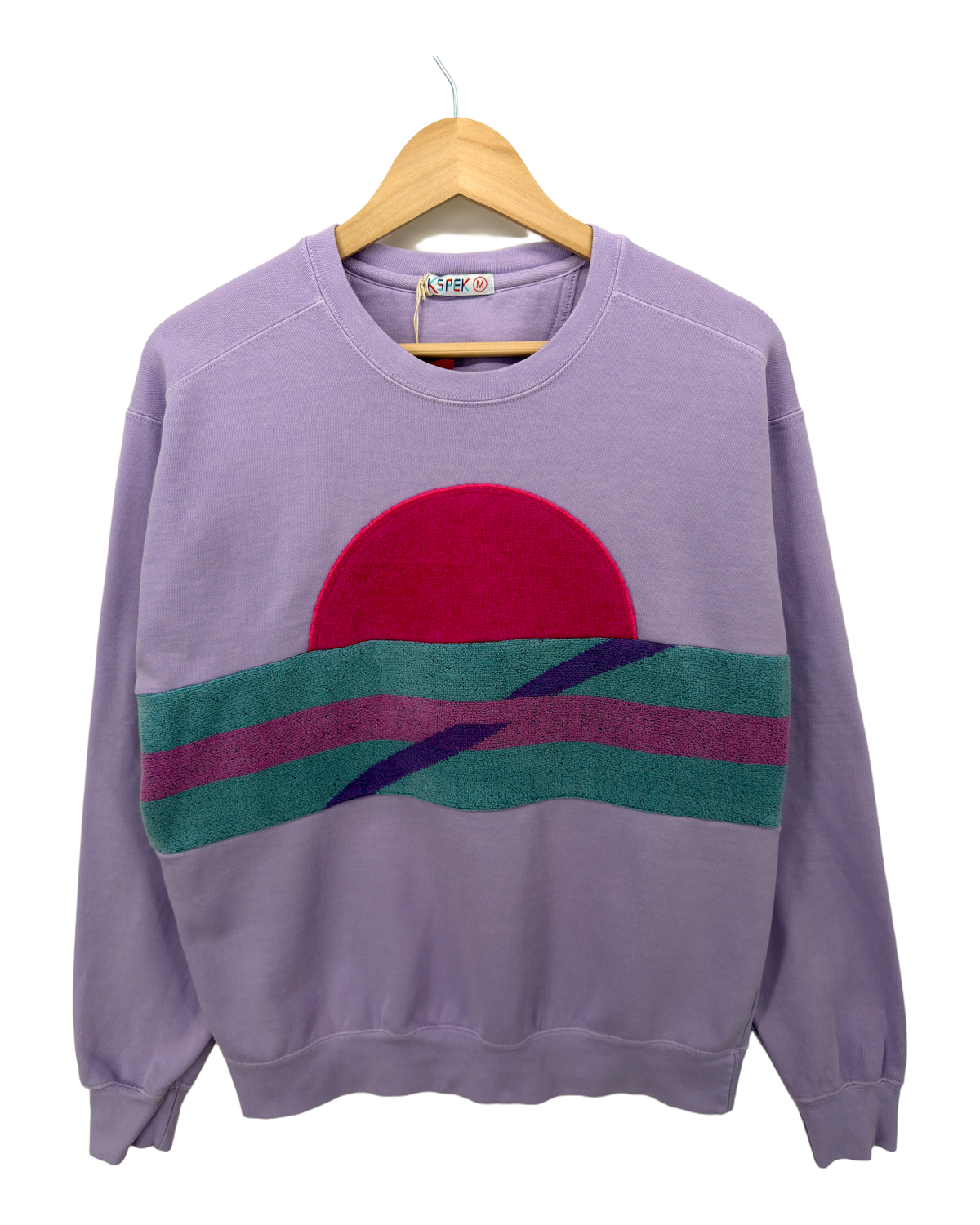 Medium Lavender Sunset Chaser "Crimson Horizon Bands" — one-of-a-kind upcycled vintage beach towel sweatshirt, handmade by Kspek, view 4