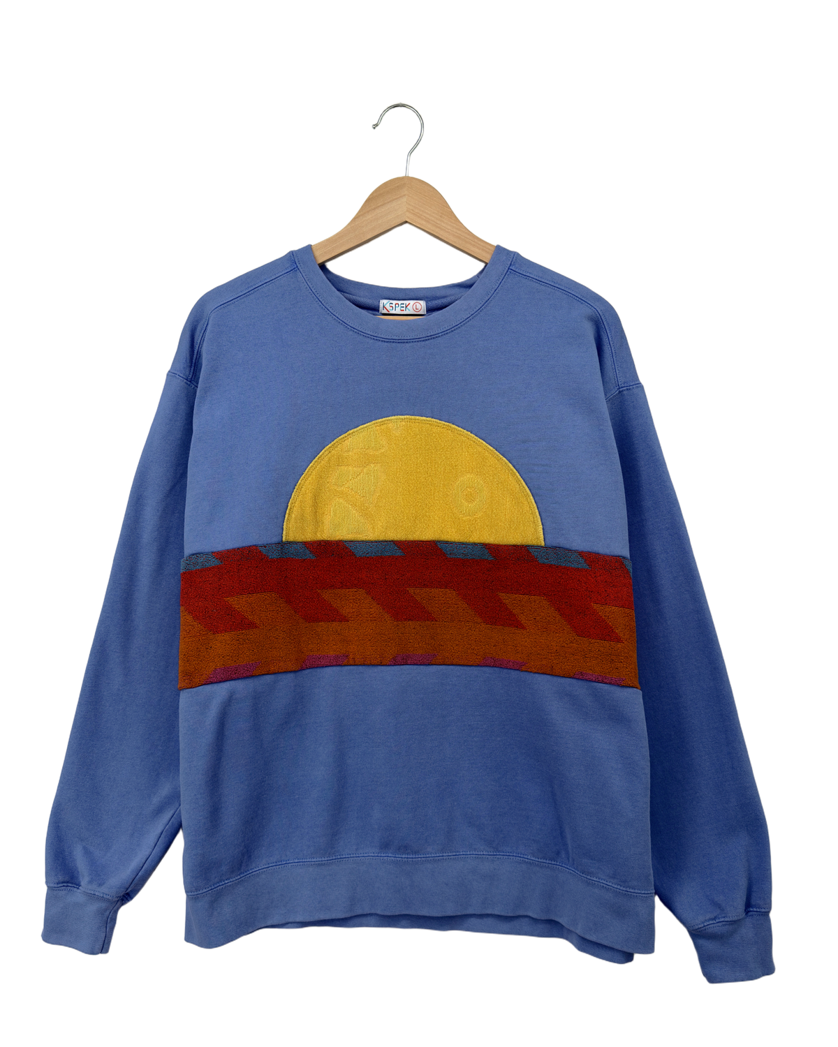 Large Dusty Blue Sunset Chaser "Zigzag Solstice" — one-of-a-kind upcycled vintage beach towel sweatshirt, handmade by Kspek, view 4
