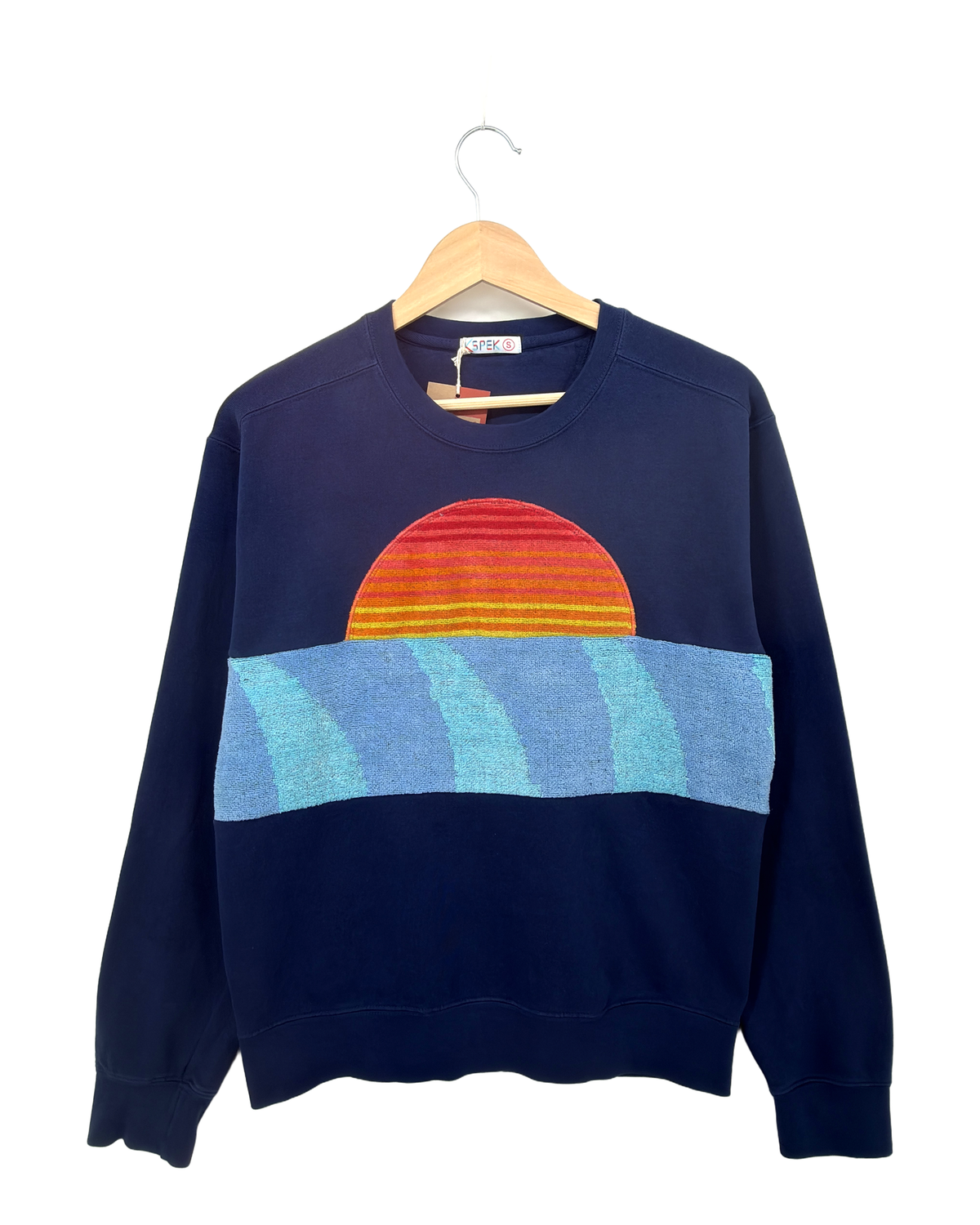 Small Navy Sunset Chaser "Radiant Ocean Rise" — one-of-a-kind upcycled vintage beach towel sweatshirt, handmade by Kspek, view 4