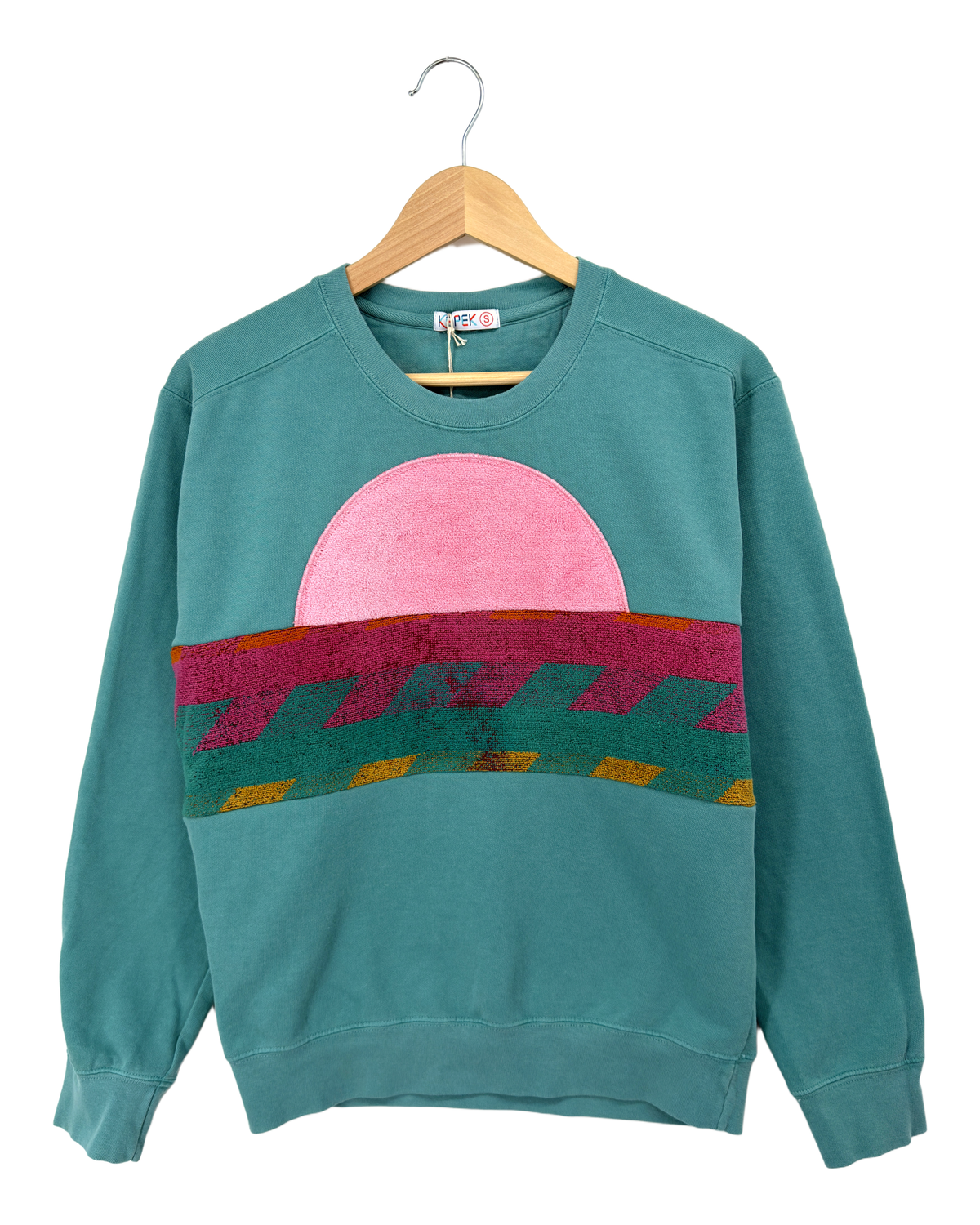 Medium Light Jade Sunset Chaser "Zigzag Sunset" — one-of-a-kind upcycled vintage beach towel sweatshirt, handmade by Kspek, view 4