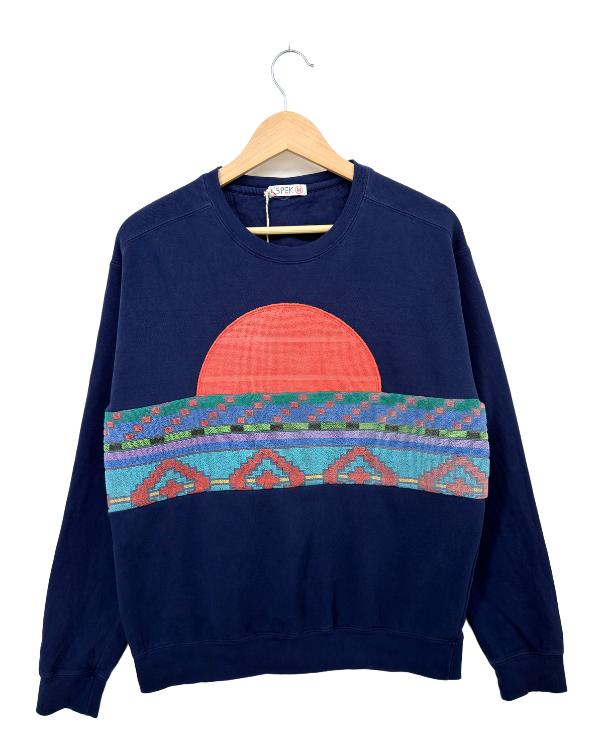 Medium Navy Sunset Chaser "Southwestern Sunrise" — one-of-a-kind upcycled vintage beach towel sweatshirt, handmade by Kspek, view 4