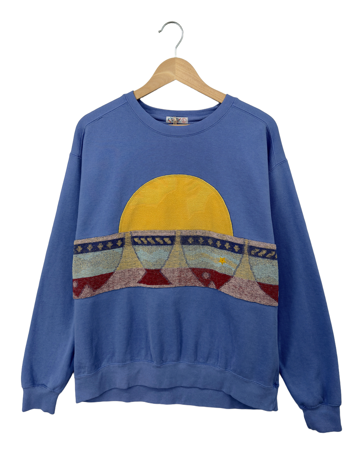 Large Dusty Blue Sunset Chaser "Fish Wish" — one-of-a-kind upcycled vintage beach towel sweatshirt, handmade by Kspek, view 4