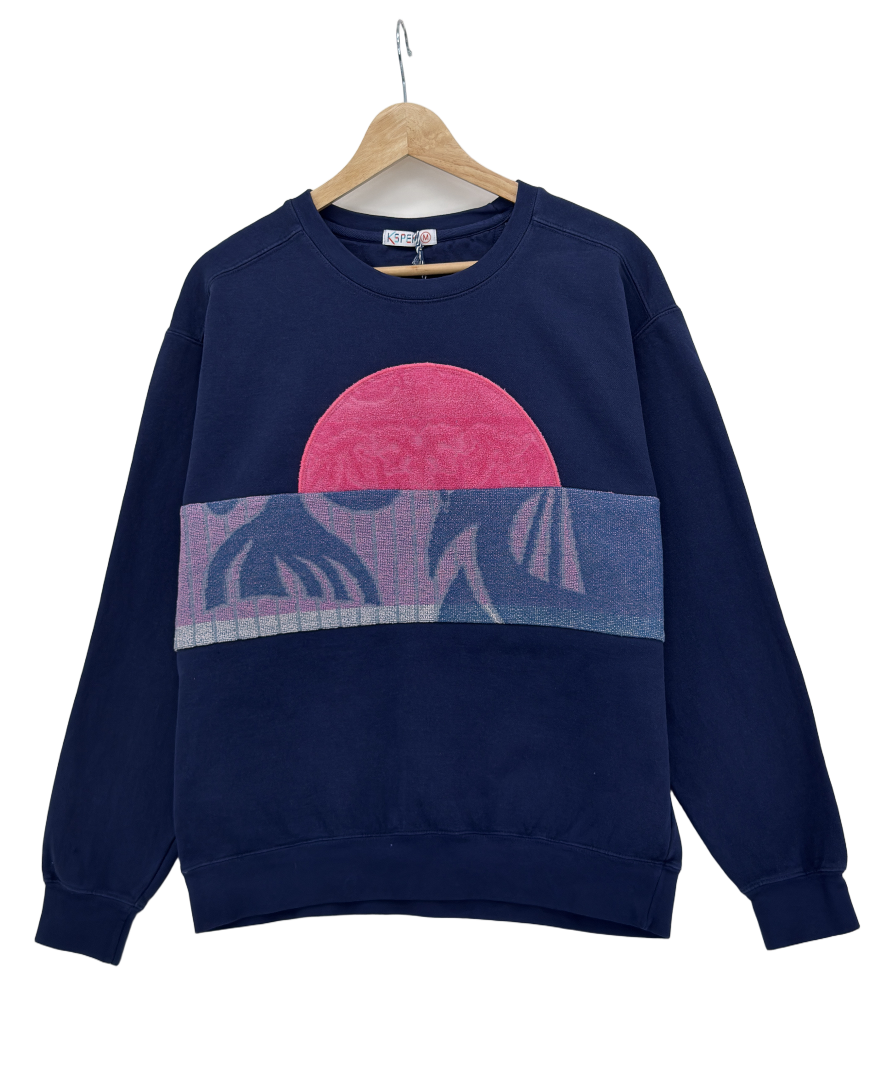 Medium Navy Sunset Chaser "Horizon Daze" — one-of-a-kind upcycled vintage beach towel sweatshirt, handmade by Kspek, view 3