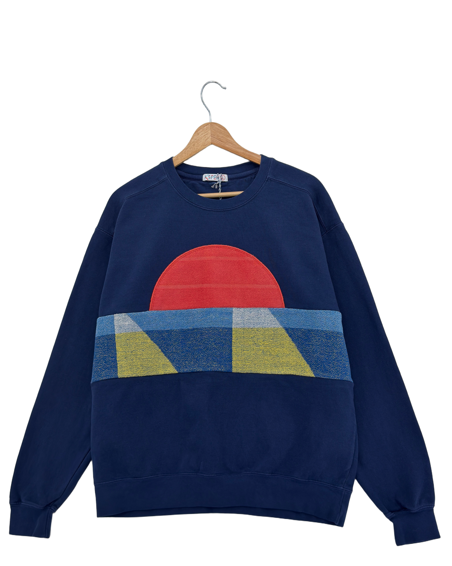 Large Navy Sunset Chaser "Coastal Colors" — one-of-a-kind upcycled vintage beach towel sweatshirt, handmade by Kspek, view 3