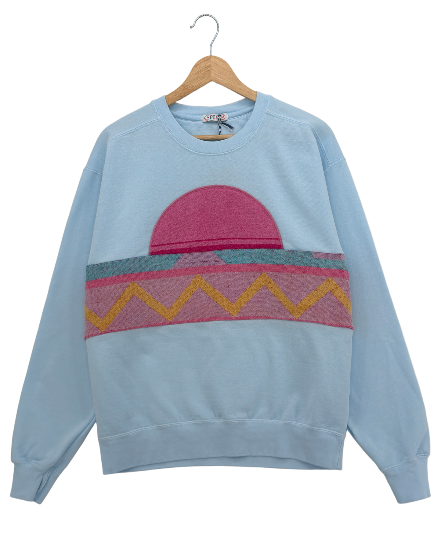Medium Aqua Sunset Chaser "Cactus Glow" — one-of-a-kind upcycled vintage beach towel sweatshirt, handmade by Kspek, view 3