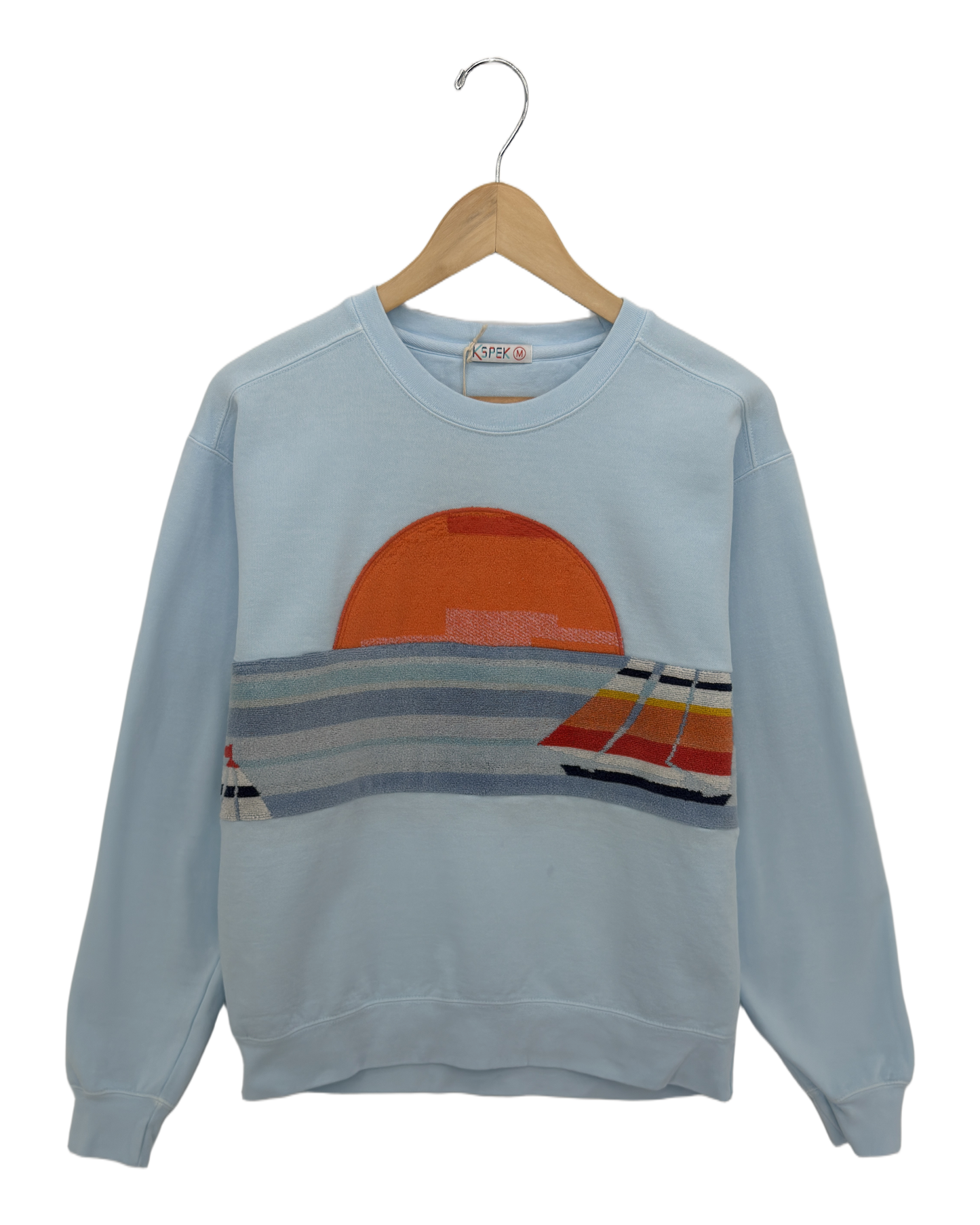 Medium Aqua Sunset Chaser "Retro Coastline" — one-of-a-kind upcycled vintage beach towel sweatshirt, handmade by Kspek, view 3