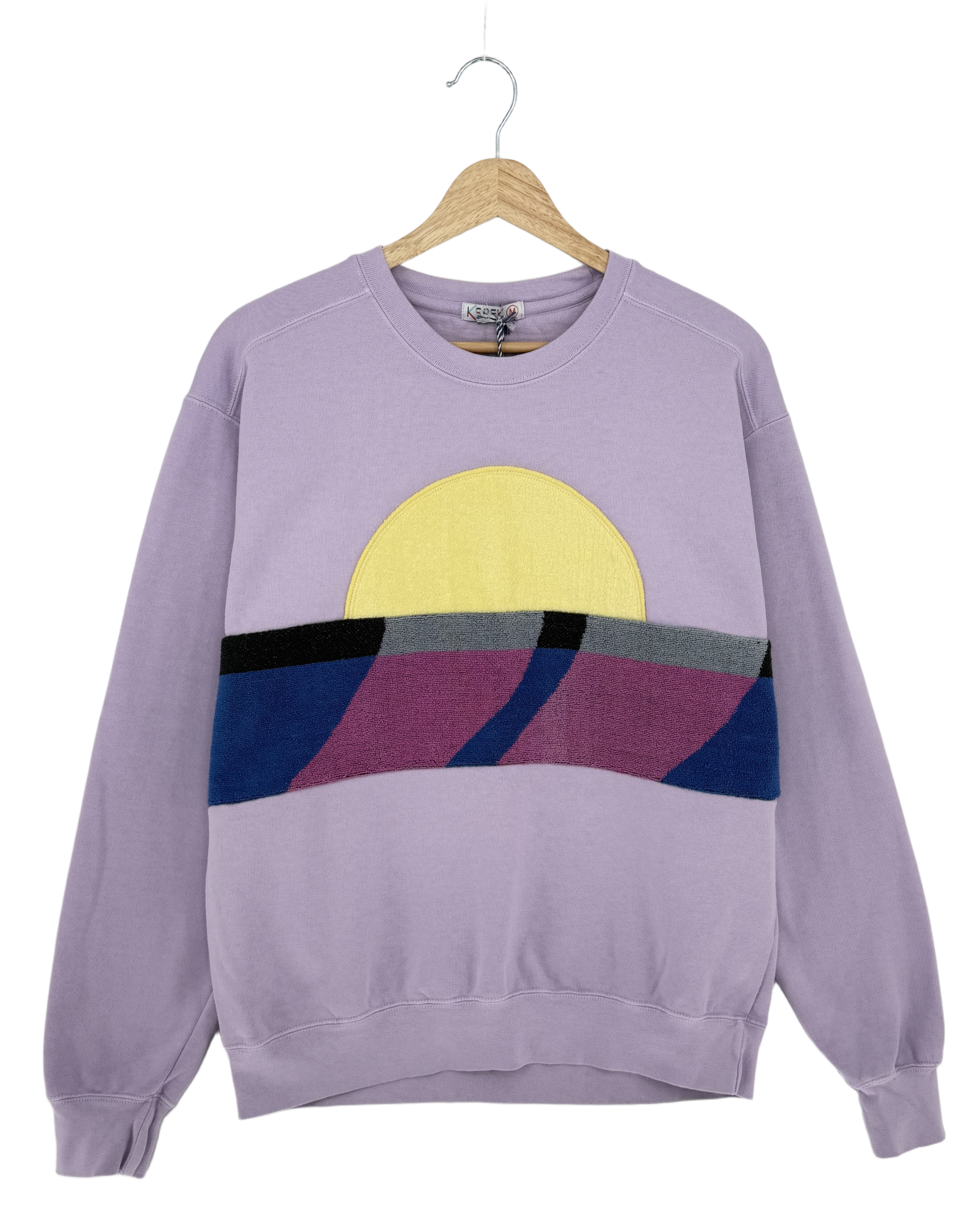 Medium Lavender Sunset Chaser "Pink Reflection" — one-of-a-kind upcycled vintage beach towel sweatshirt, handmade by Kspek, view 3