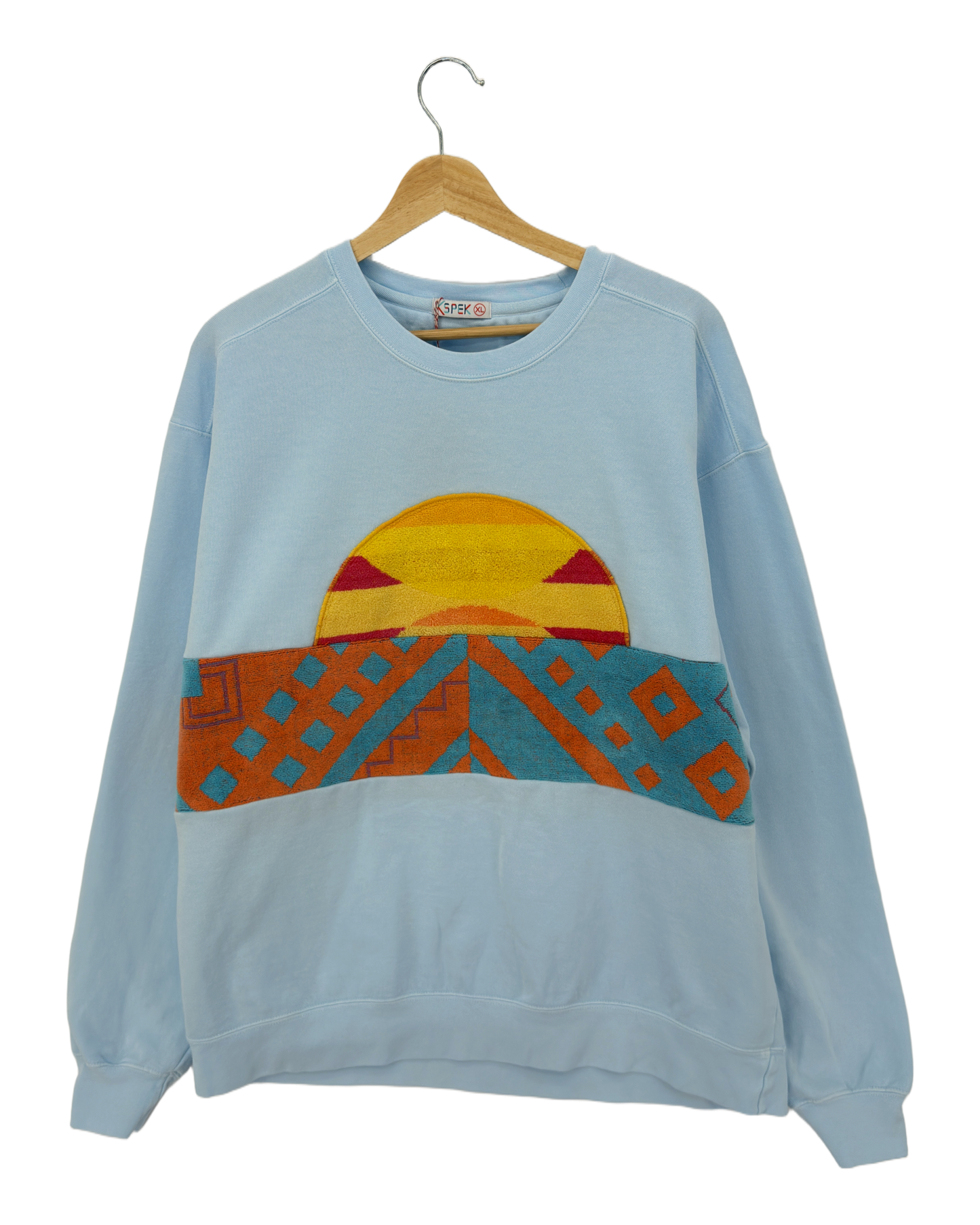 X-Large Aqua Sunset Chaser "Coastal Geometry" — one-of-a-kind upcycled vintage beach towel sweatshirt, handmade by Kspek, view 3