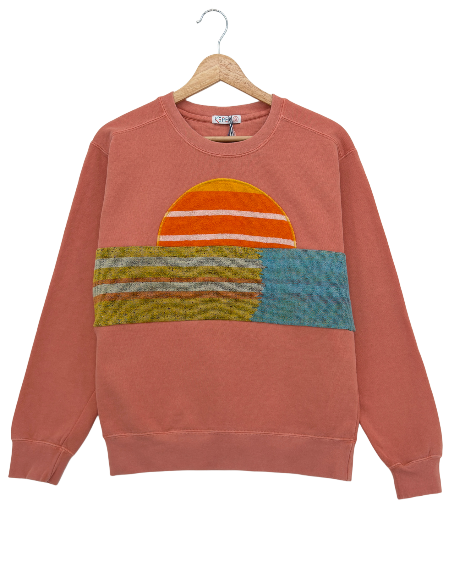Small Terracotta Sunset Chaser "Retro Horizon" — one-of-a-kind upcycled vintage beach towel sweatshirt, handmade by Kspek