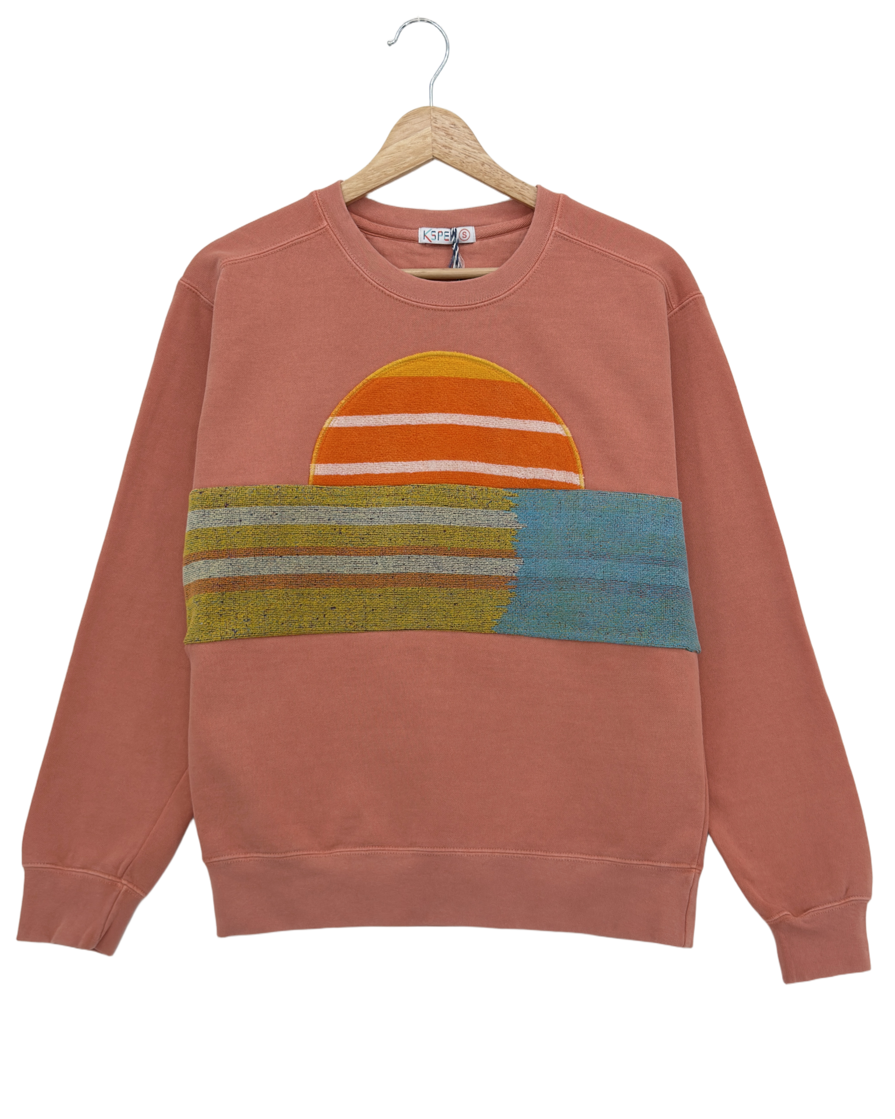 Small Terracotta Sunset Chaser "Retro Horizon" — one-of-a-kind upcycled vintage beach towel sweatshirt, handmade by Kspek