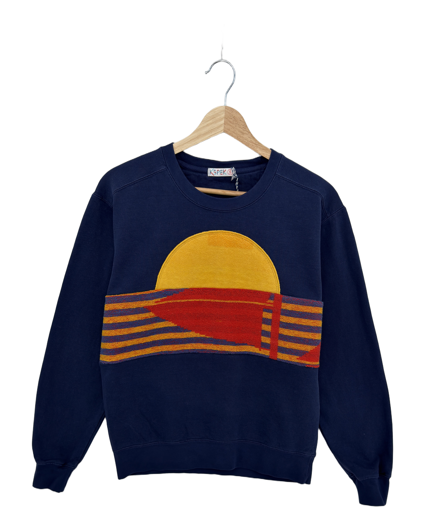 Small Navy Sunset Chaser "Sunrise Vibes" — one-of-a-kind upcycled vintage beach towel sweatshirt, handmade by Kspek, view 3