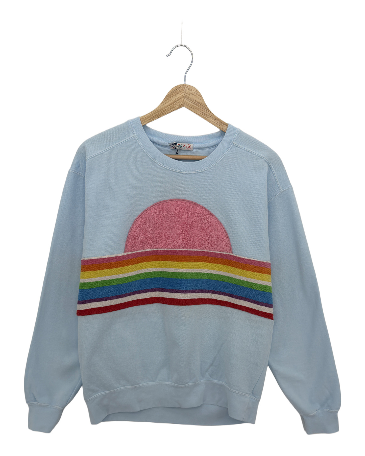 Medium Aqua Sunset Chaser "Vibrant Horizon" — one-of-a-kind upcycled vintage beach towel sweatshirt, handmade by Kspek, view 3