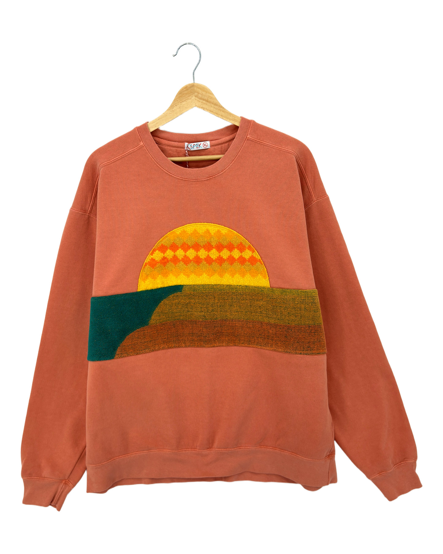 X-Large Terracotta Sunset Chaser "Coastal Horizon" — one-of-a-kind upcycled vintage beach towel sweatshirt, handmade by Kspek, view 3