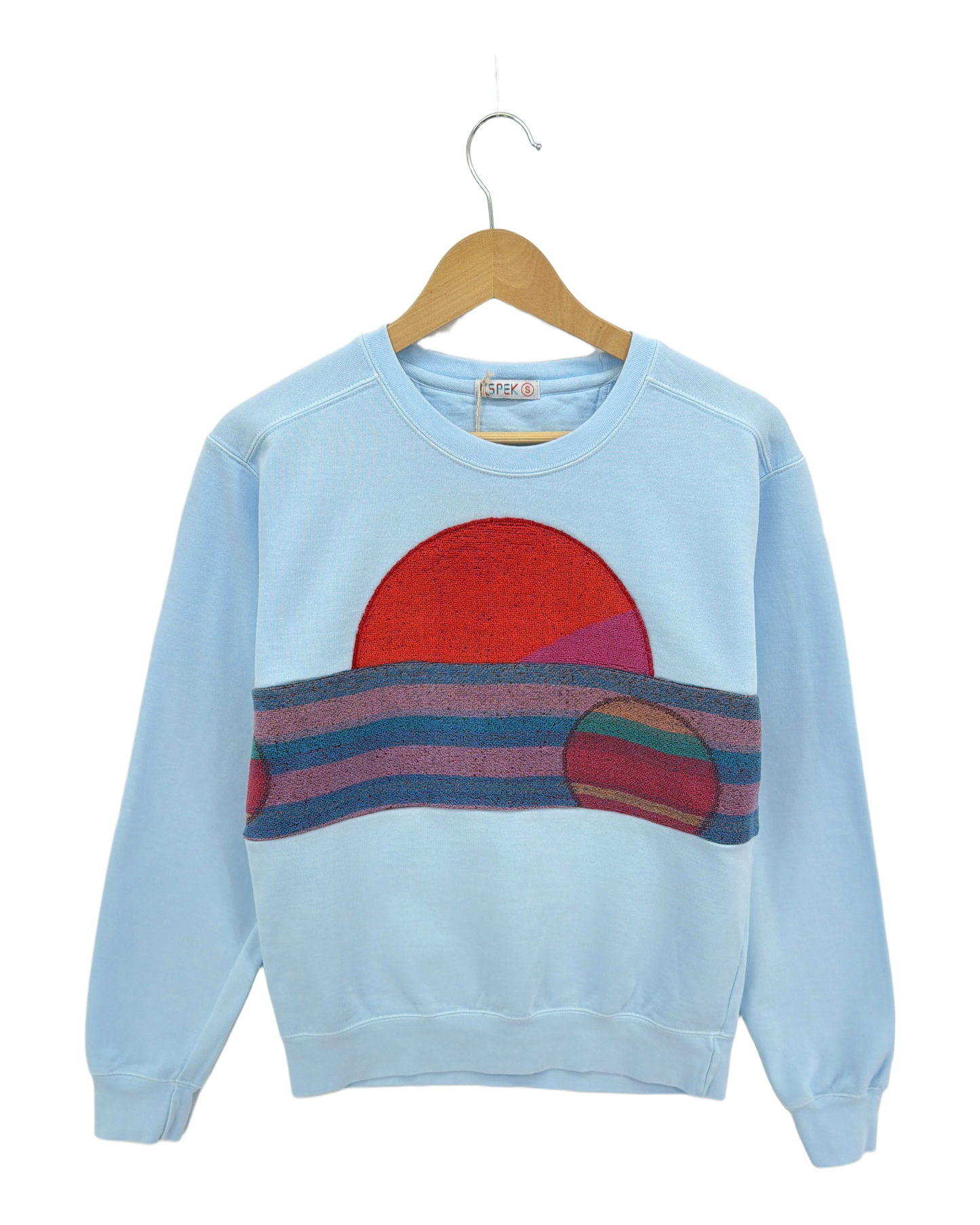 Small Aqua Sunset Chaser "Cosmic Sunrise" — one-of-a-kind upcycled vintage beach towel sweatshirt, handmade by Kspek, view 4