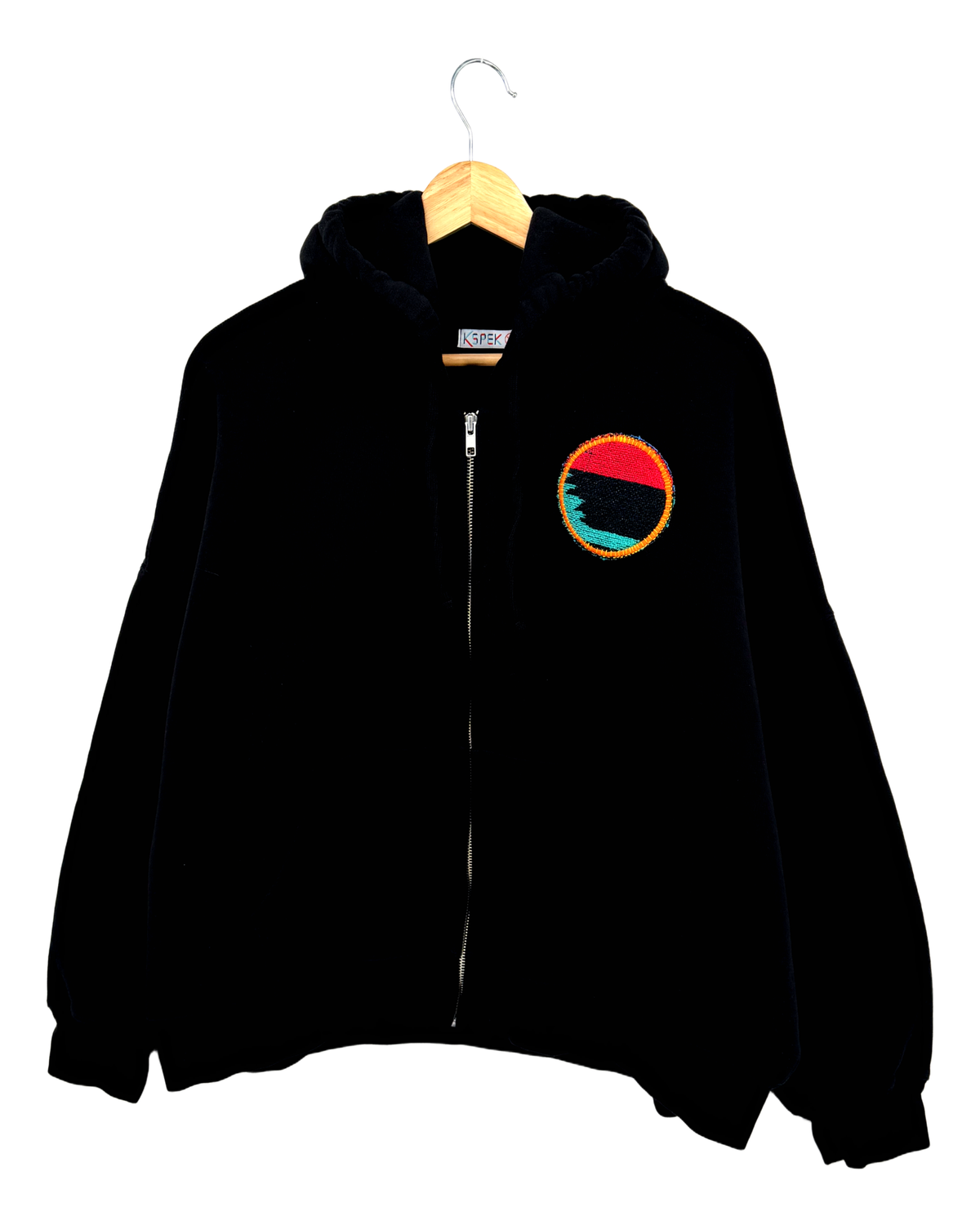 XLarge Black Making a Scene Zip Up Hoodie — one-of-a-kind upcycled vintage beach towel piece, handmade by Kspek, view 2