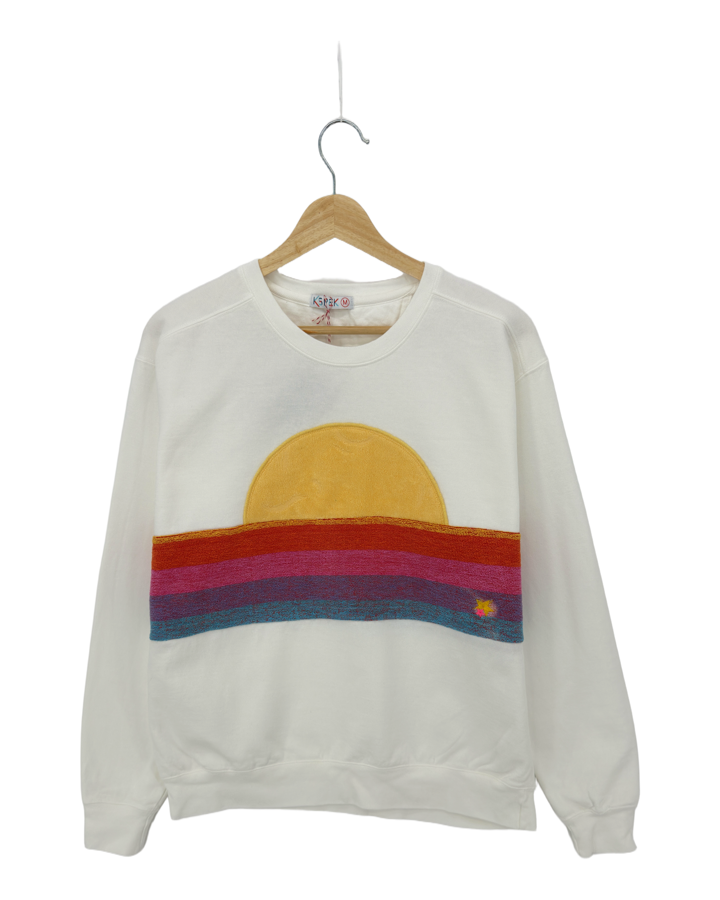 Medium White Sunset Chaser "Miniature Oasis" — one-of-a-kind upcycled vintage beach towel sweatshirt, handmade by Kspek, view 3